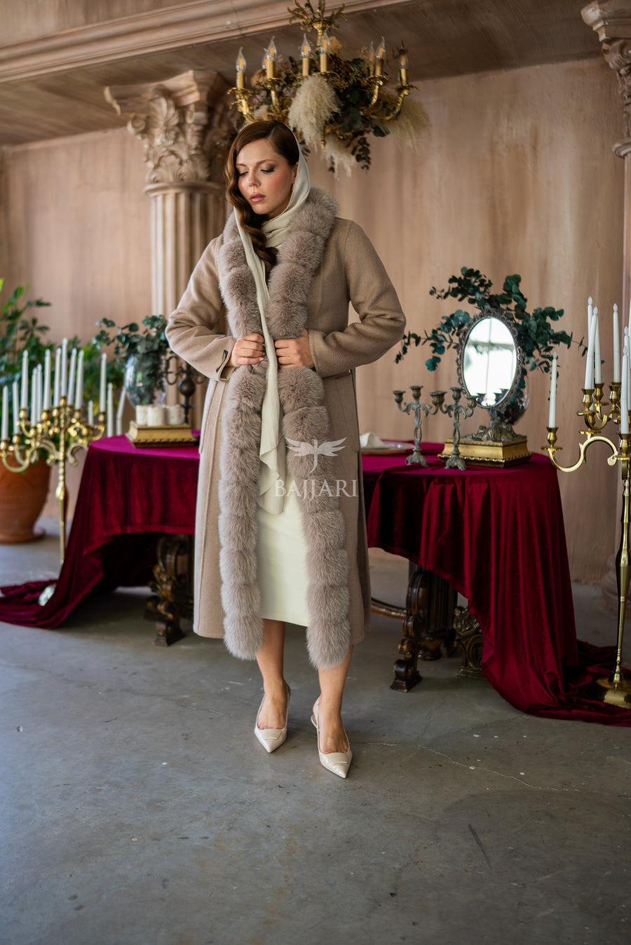 Elegant Alpaca Fox-Embroidered Jacket | Real Fox Fur Collar and Front Detail -9220-