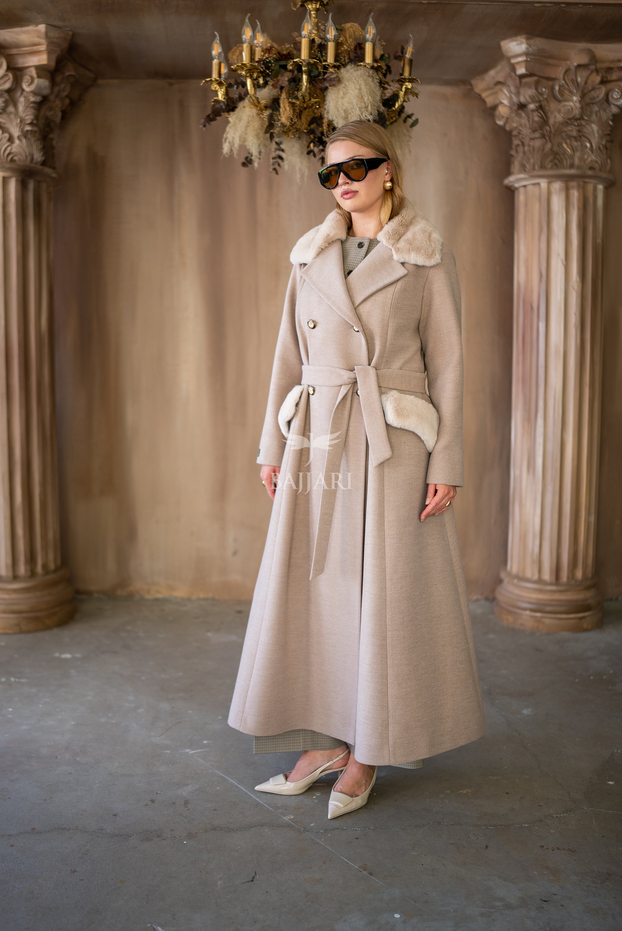 Cashmere Fabric | Rabbit Rex Fur Collar, Pockets and Cuff Details | Stylish Buttons -1399-