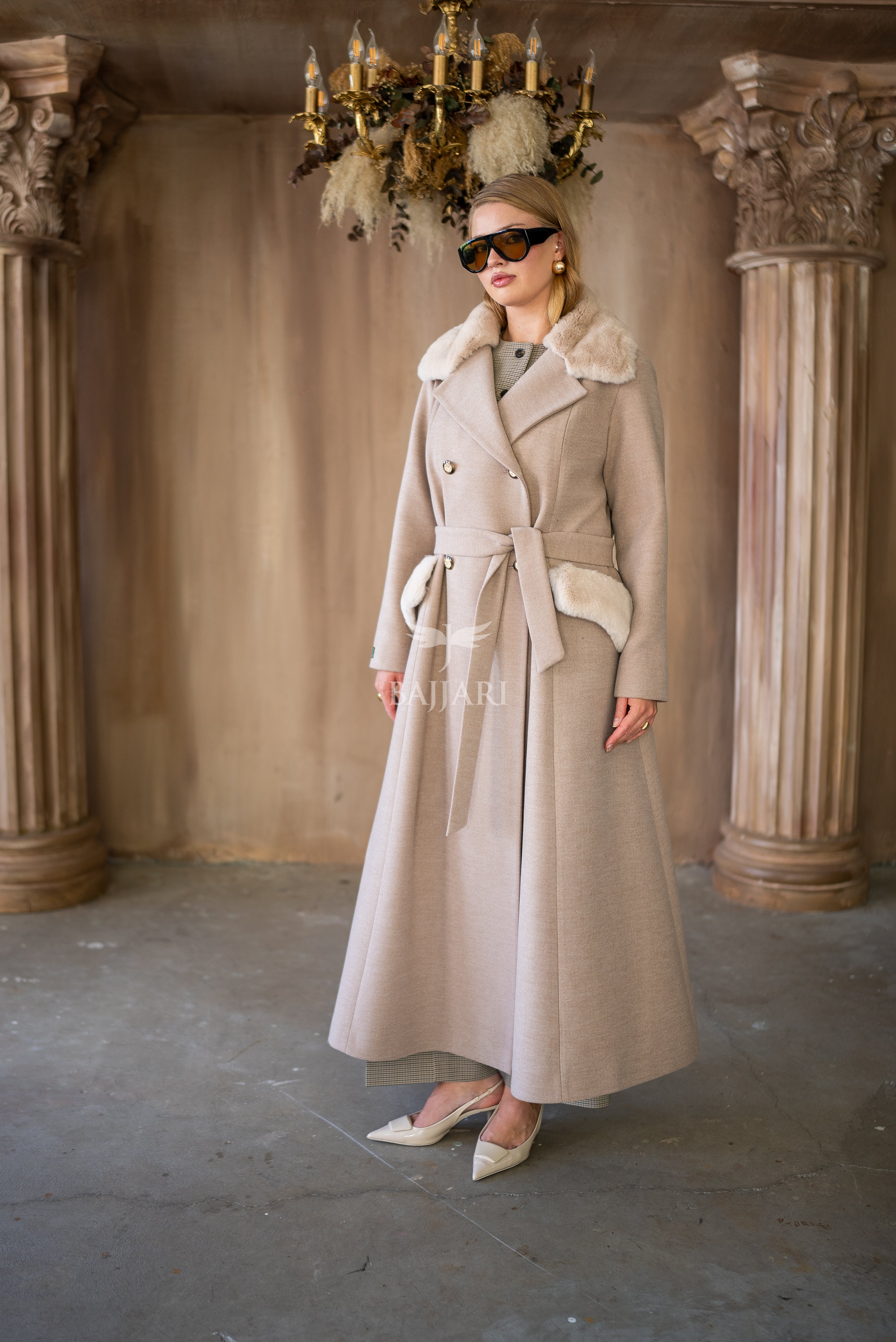 Cashmere Fabric | Rabbit Rex Fur Collar, Pockets and Cuff Details | Stylish Buttons -1399-
