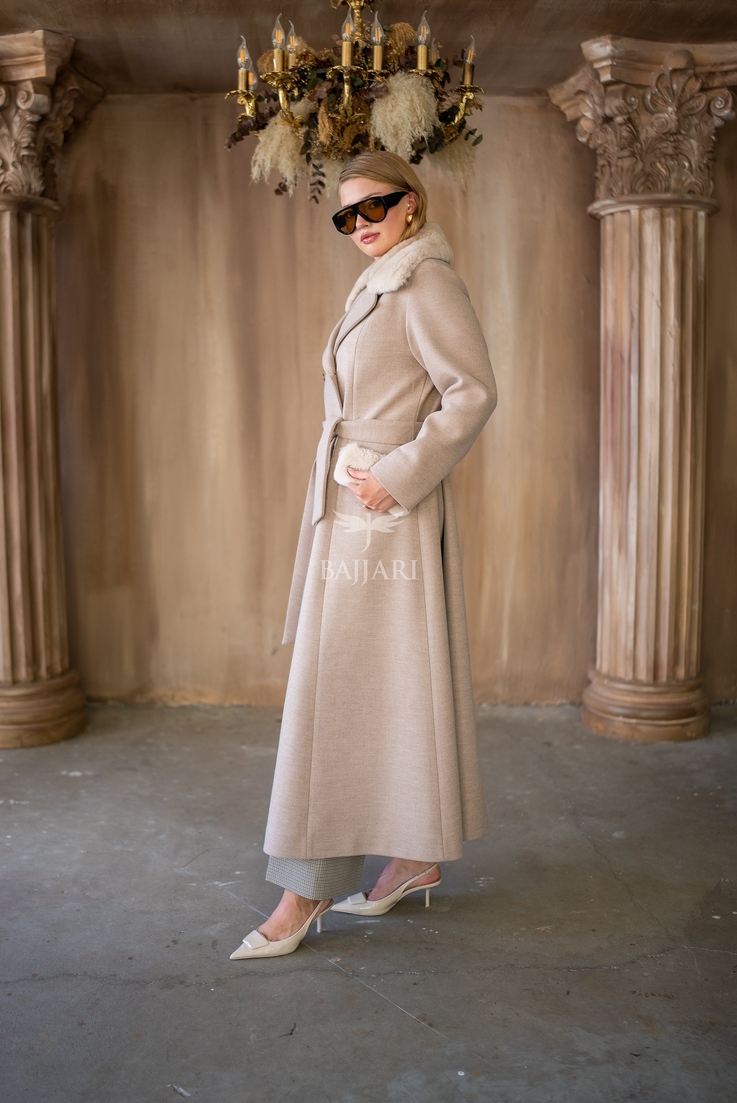 Cashmere Fabric | Rabbit Rex Fur Collar, Pockets and Cuff Details | Stylish Buttons -1399-