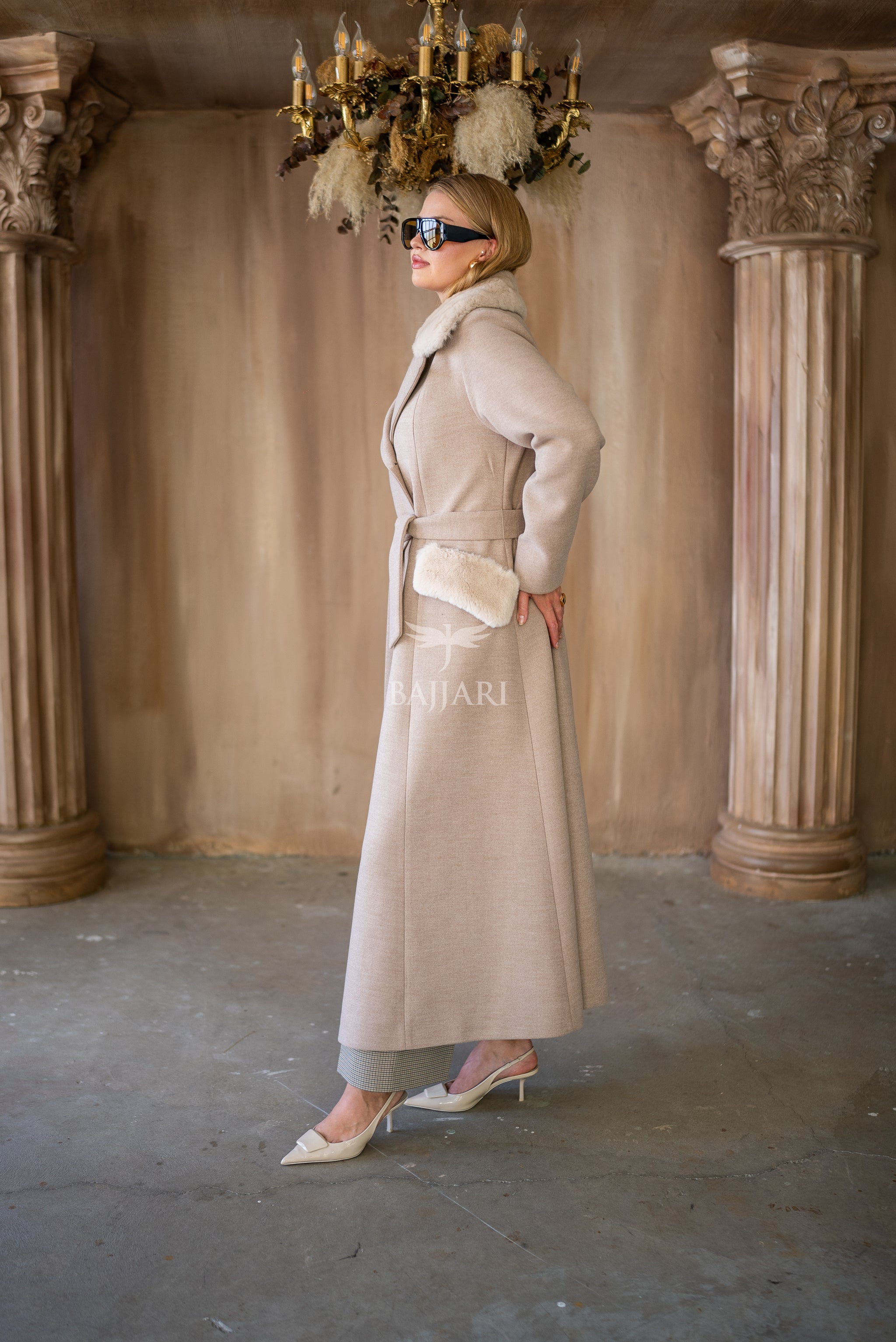 Cashmere Fabric | Rabbit Rex Fur Collar, Pockets and Cuff Details | Stylish Buttons -1399-