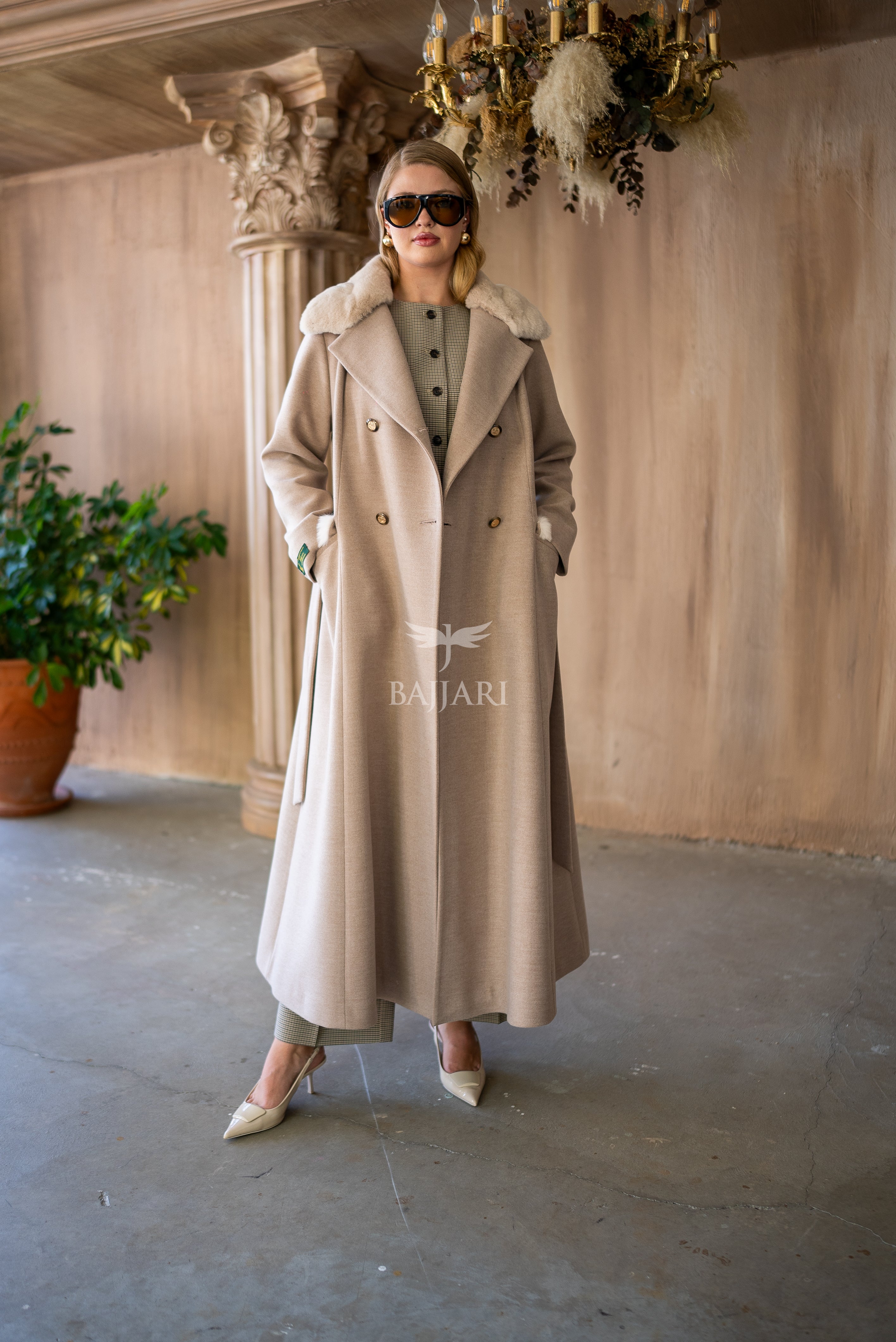 Cashmere Fabric | Rabbit Rex Fur Collar, Pockets and Cuff Details | Stylish Buttons -1399-