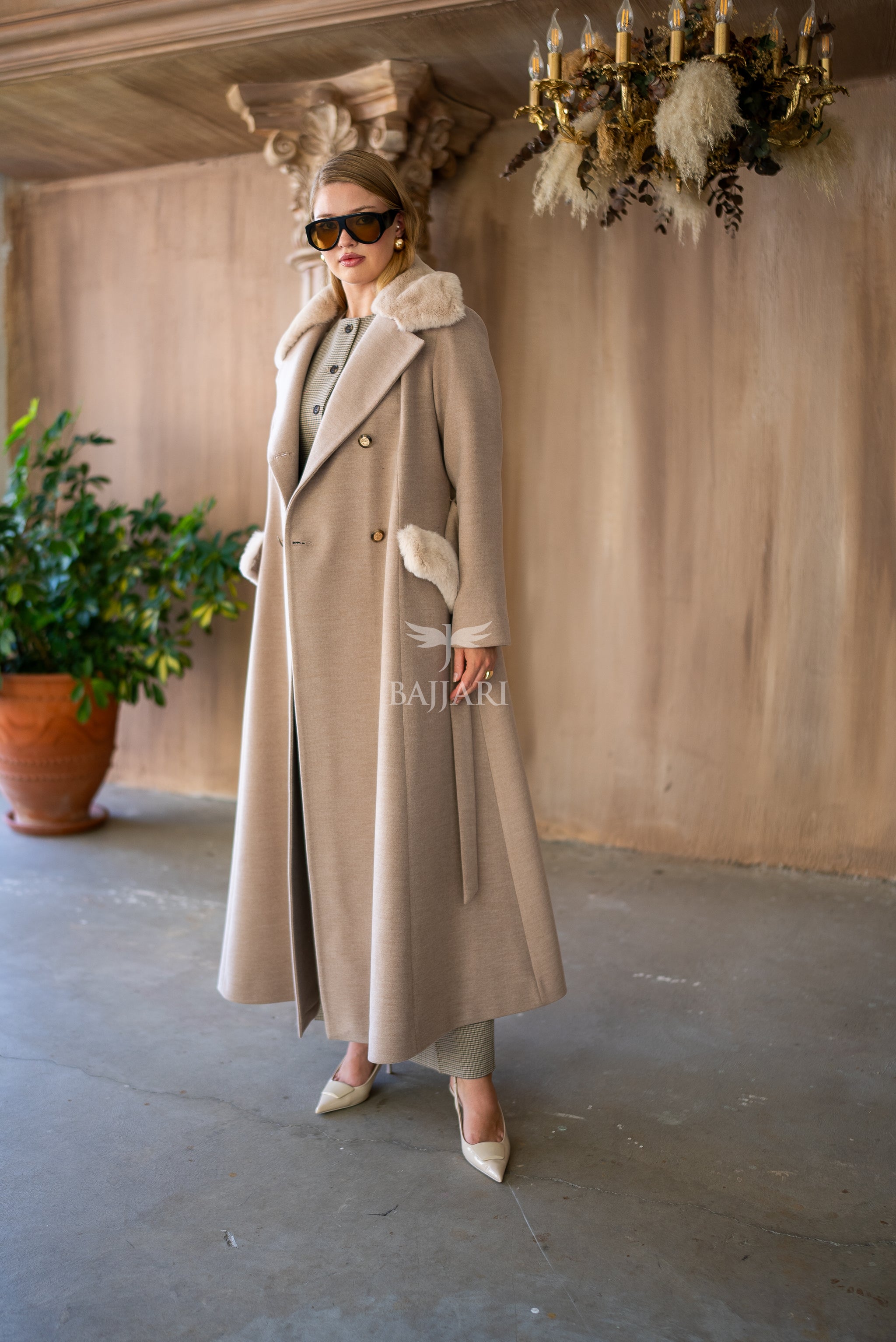 Cashmere Fabric | Rabbit Rex Fur Collar, Pockets and Cuff Details | Stylish Buttons -1399-