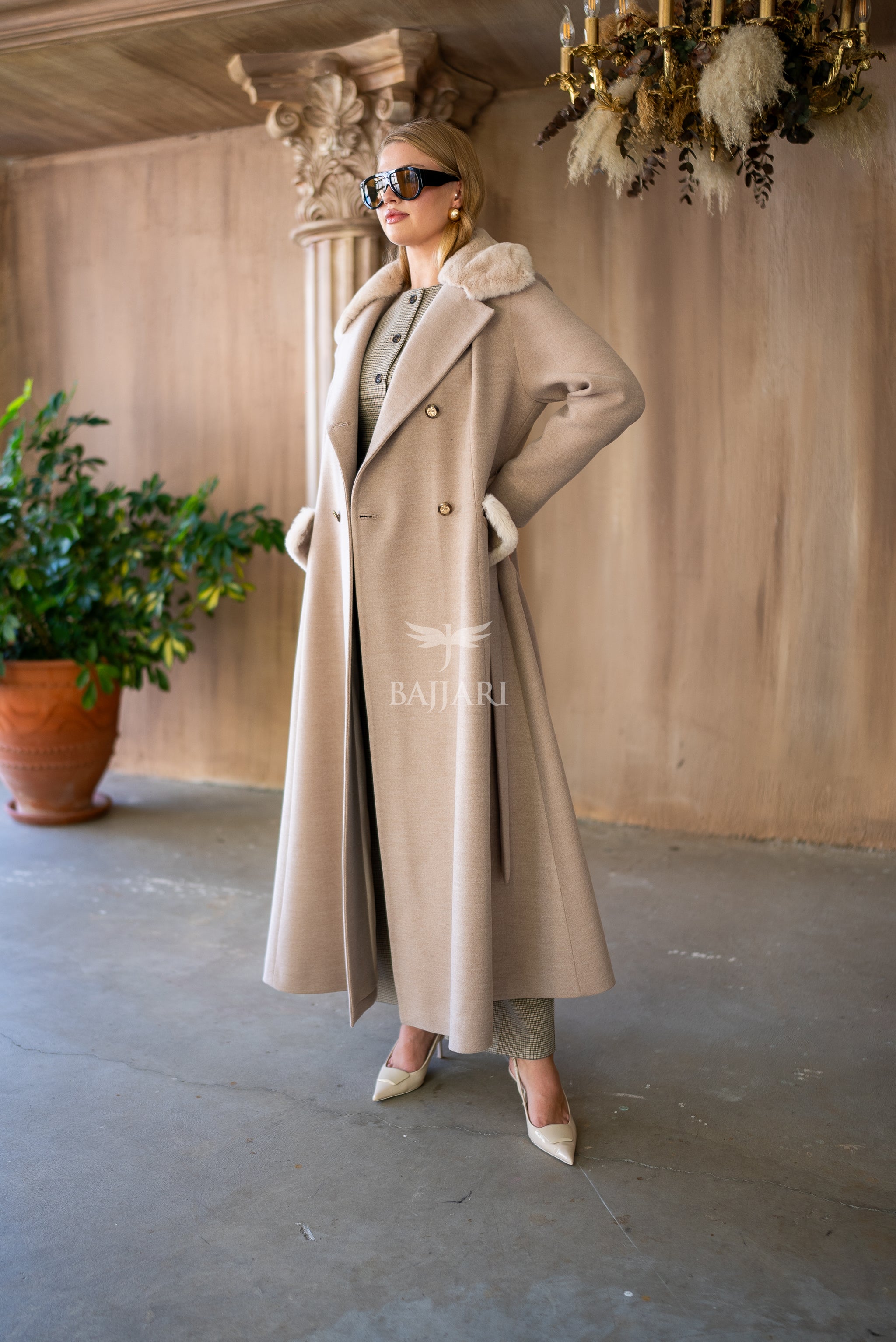Cashmere Fabric | Rabbit Rex Fur Collar, Pockets and Cuff Details | Stylish Buttons -1399-