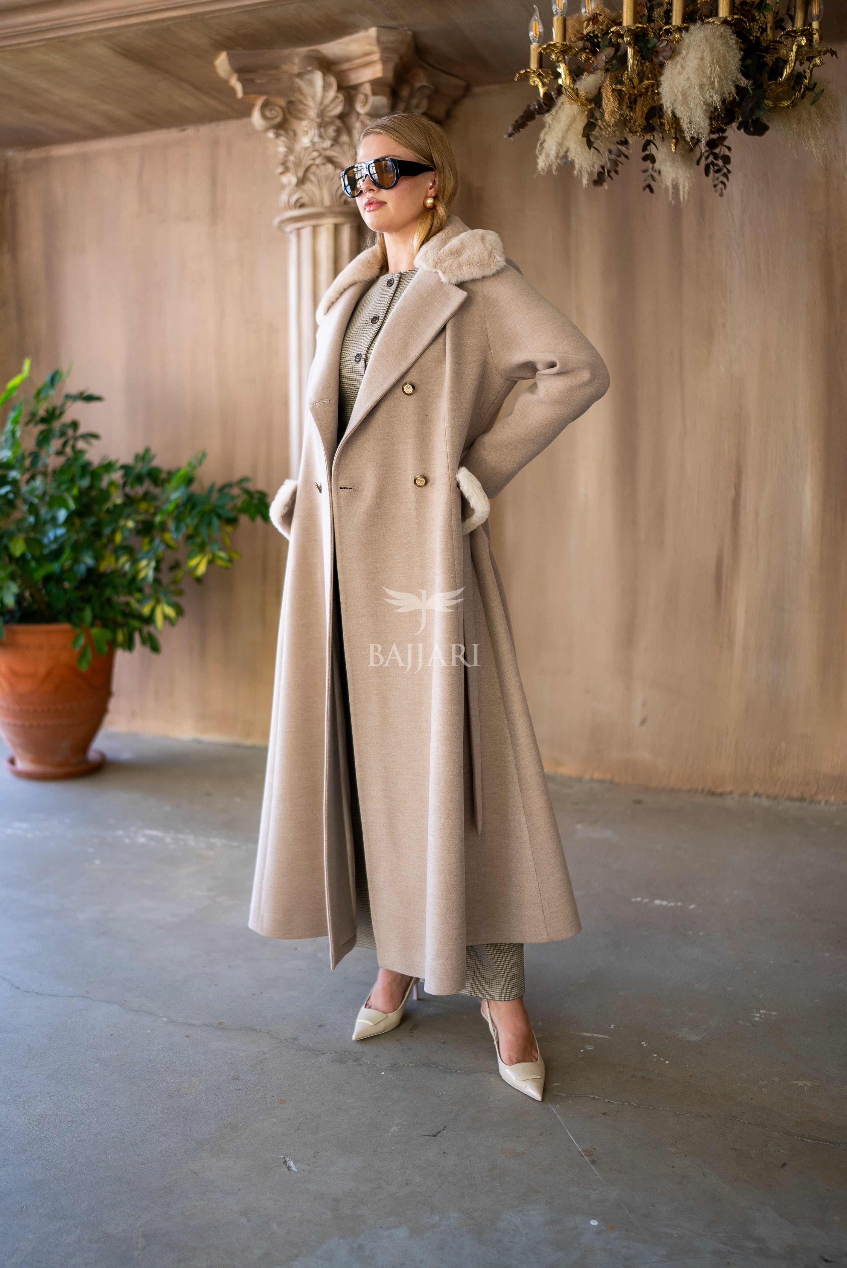 Cashmere Fabric | Rabbit Rex Fur Collar, Pockets and Cuff Details | Stylish Buttons -1399-