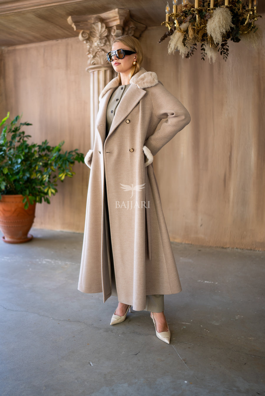 Cashmere Fabric | Rabbit Rex Fur Collar, Pockets and Cuff Details | Stylish Buttons -1399-