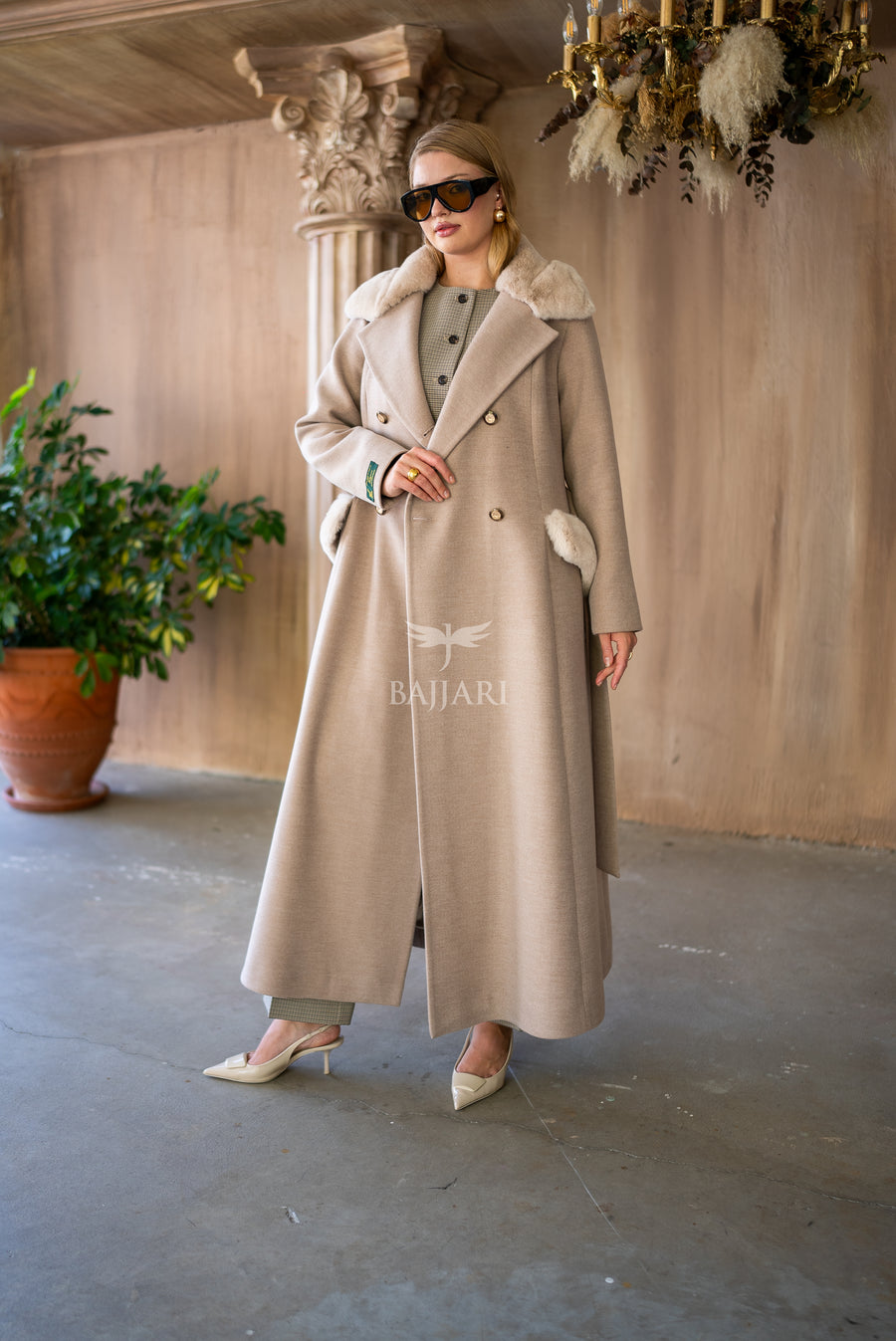 Cashmere Fabric | Rabbit Rex Fur Collar, Pockets and Cuff Details | Stylish Buttons -1399-