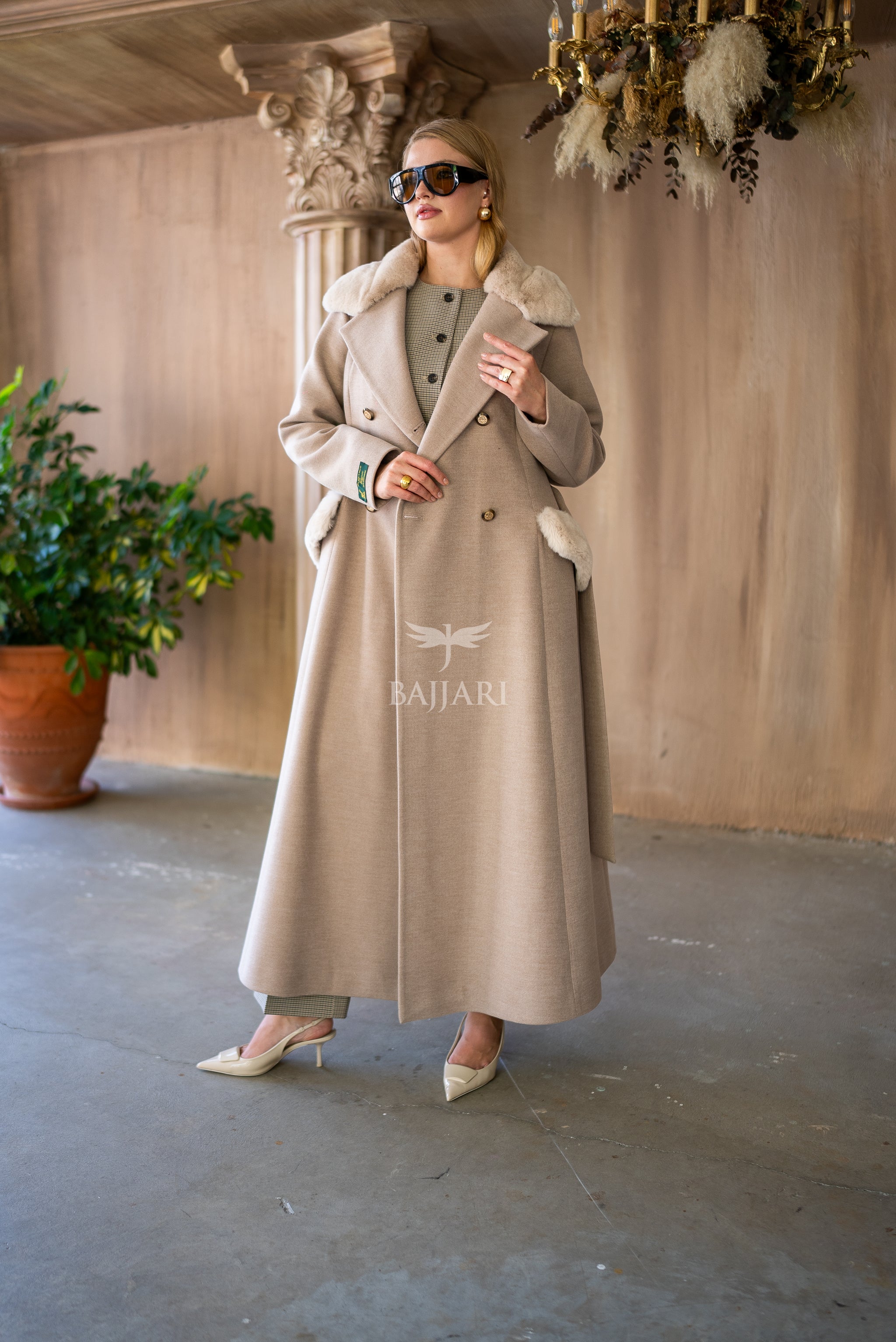 Cashmere Fabric | Rabbit Rex Fur Collar, Pockets and Cuff Details | Stylish Buttons -1399-