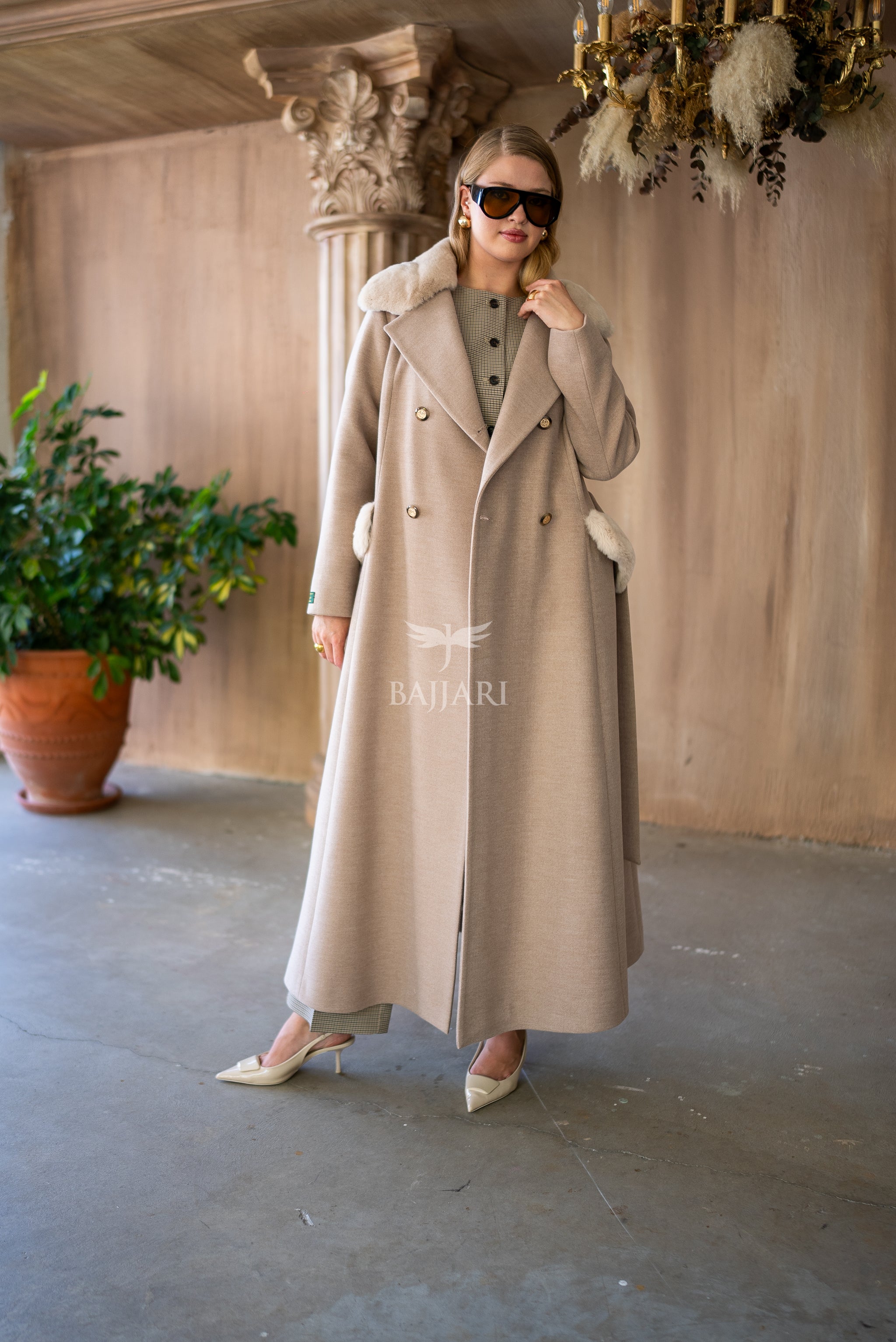 Cashmere Fabric | Rabbit Rex Fur Collar, Pockets and Cuff Details | Stylish Buttons -1399-