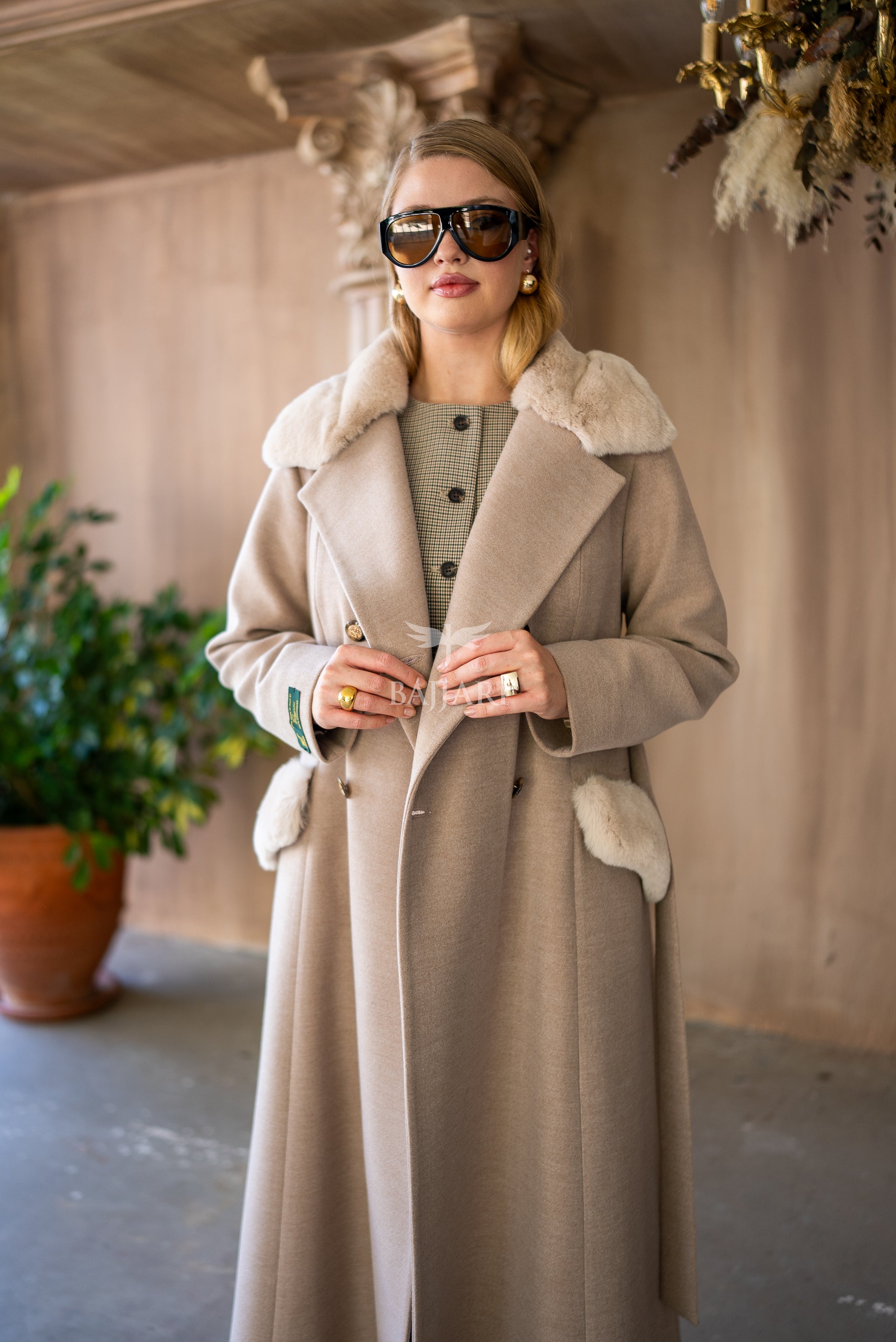Cashmere Fabric | Rabbit Rex Fur Collar, Pockets and Cuff Details | Stylish Buttons -1399-
