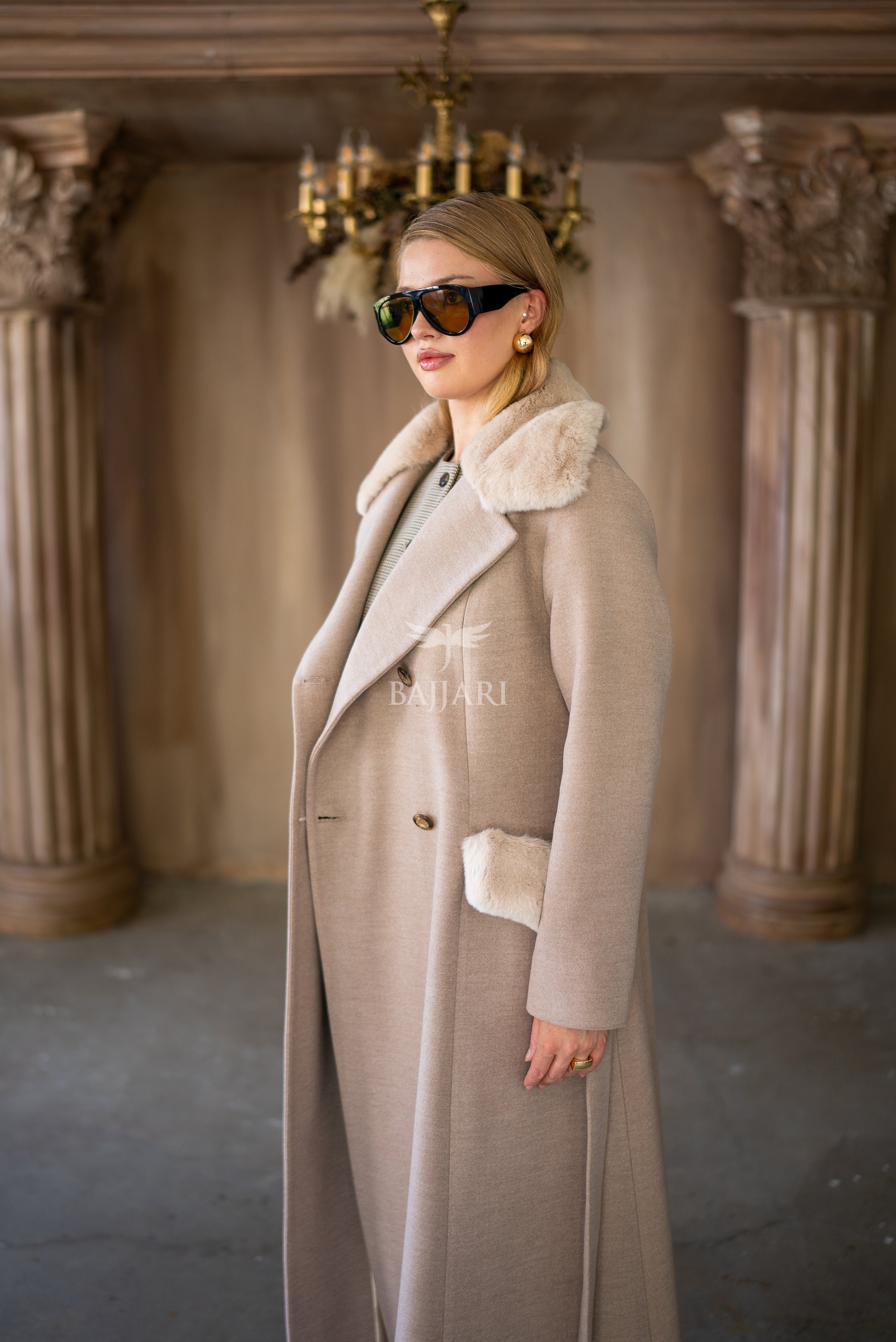 Cashmere Fabric | Rabbit Rex Fur Collar, Pockets and Cuff Details | Stylish Buttons -1399-