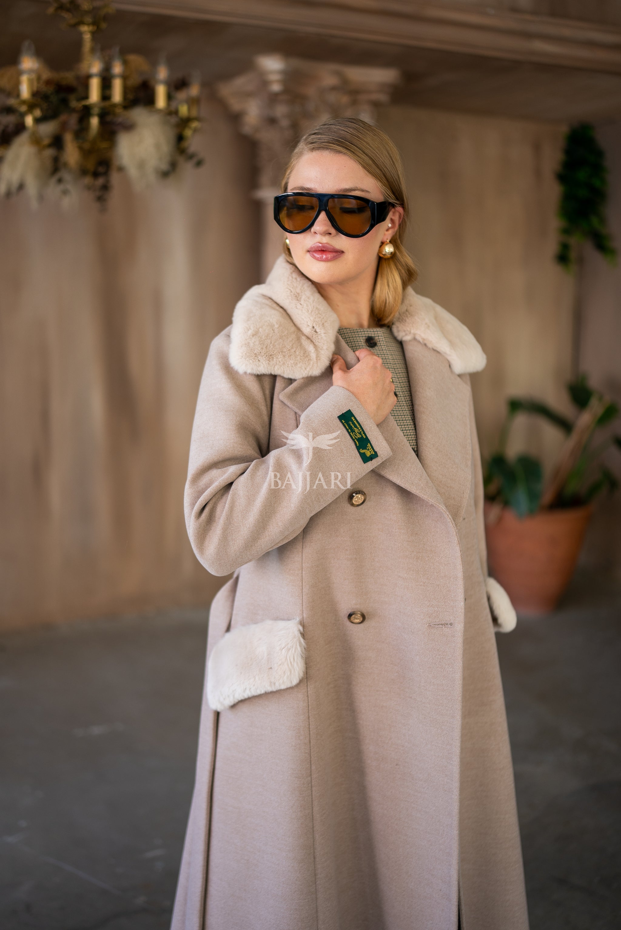 Cashmere Fabric | Rabbit Rex Fur Collar, Pockets and Cuff Details | Stylish Buttons -1399-