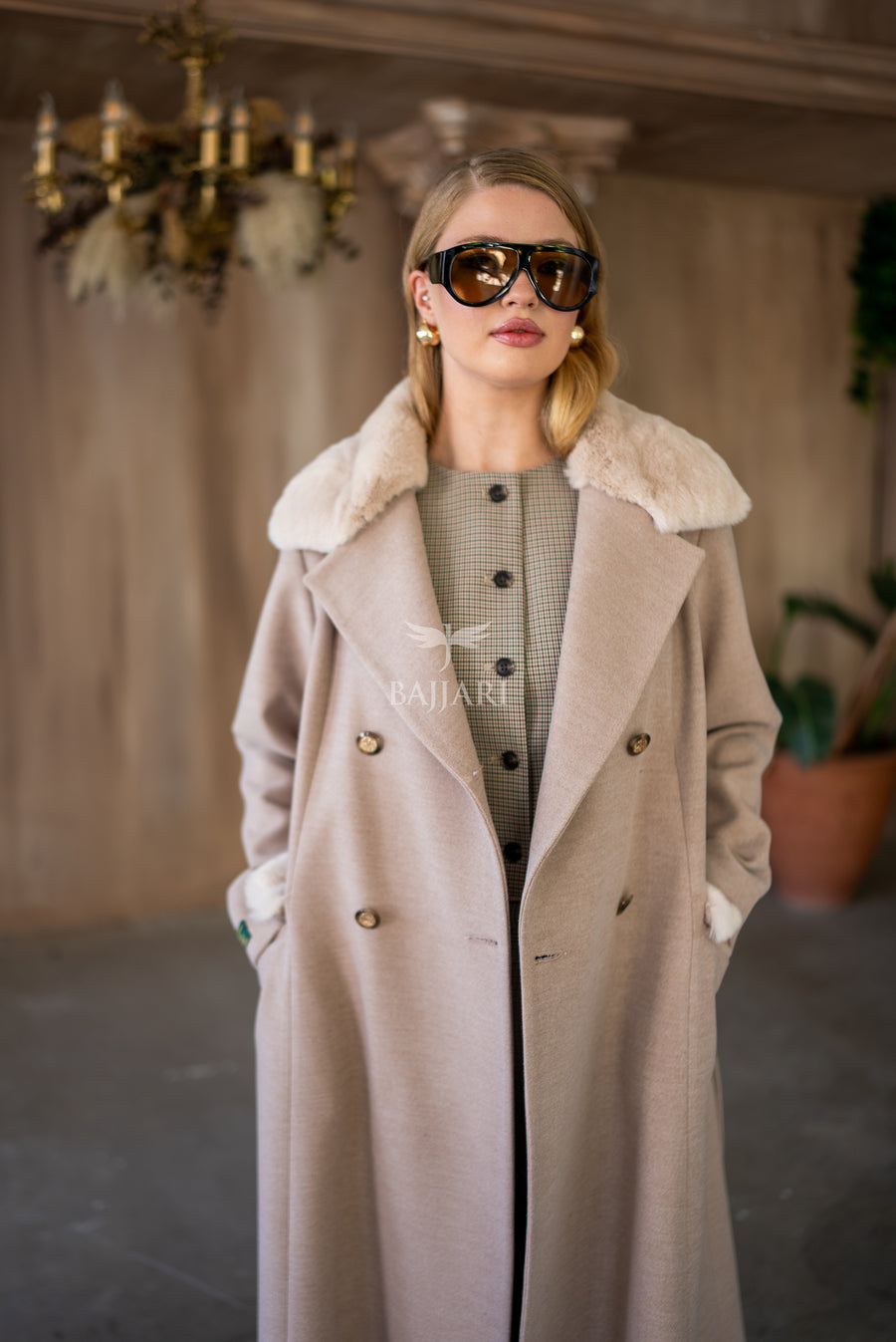 Cashmere Fabric | Rabbit Rex Fur Collar, Pockets and Cuff Details | Stylish Buttons -1399-