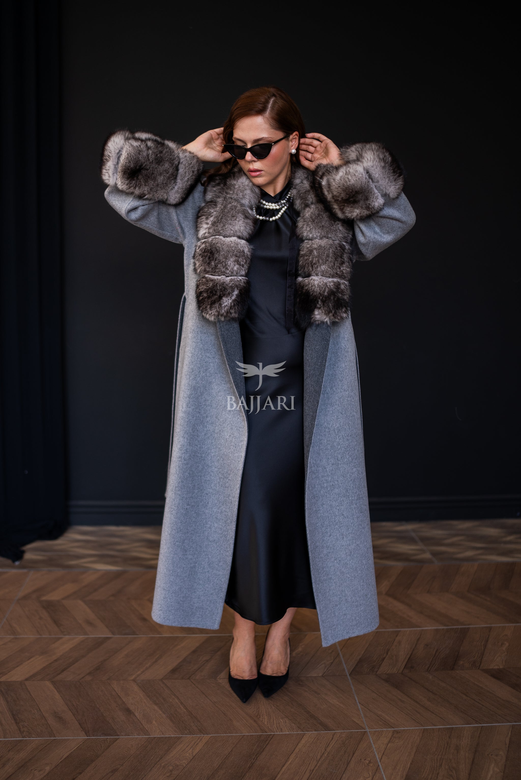 Alpaca Wool Fabric | Fox Fur Collar and Sleeves &amp; Cuff Detail | Slit Skirt Cut -9021-