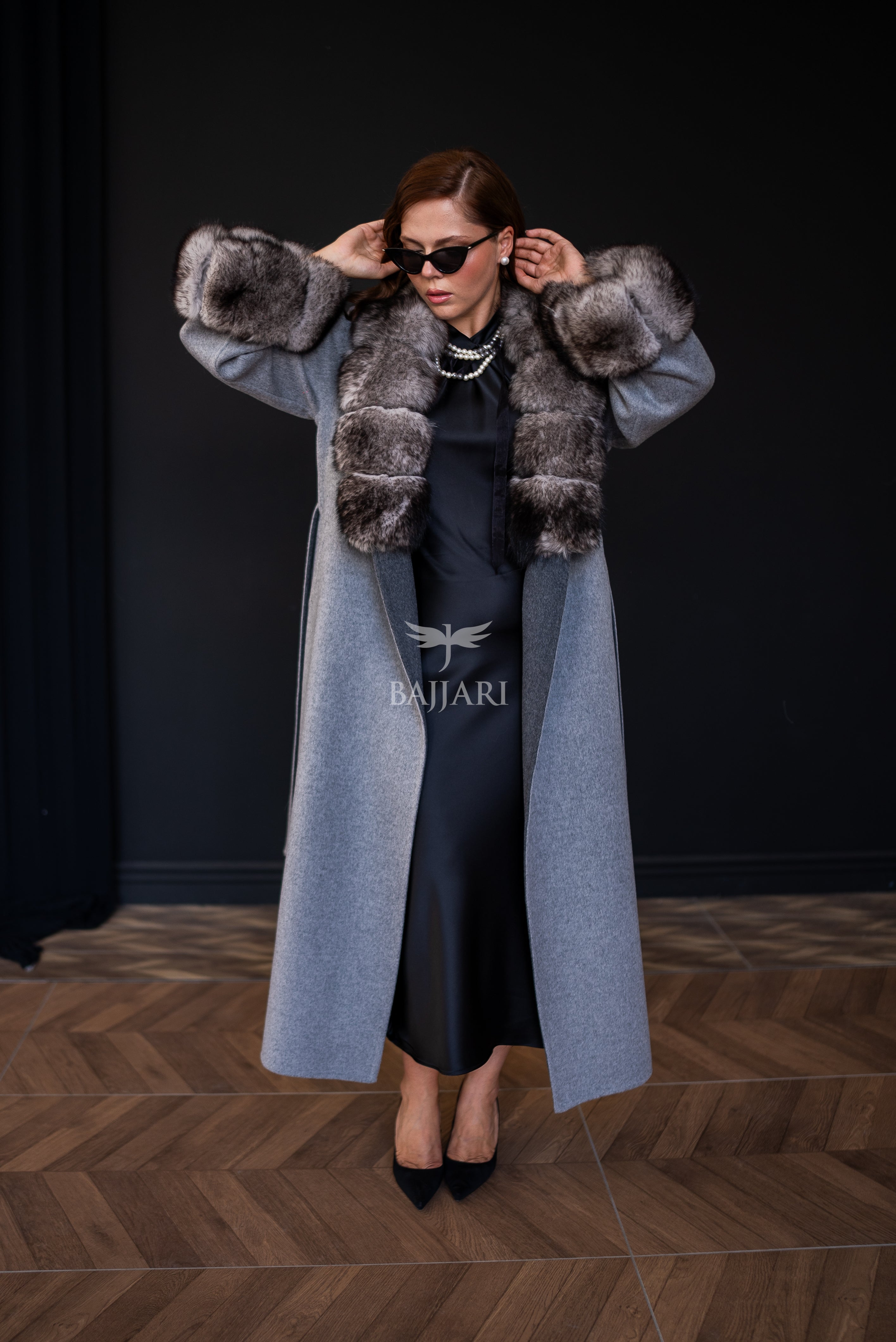 Alpaca Wool Fabric | Fox Fur Collar and Sleeves &amp; Cuff Detail | Slit Skirt Cut -9021-