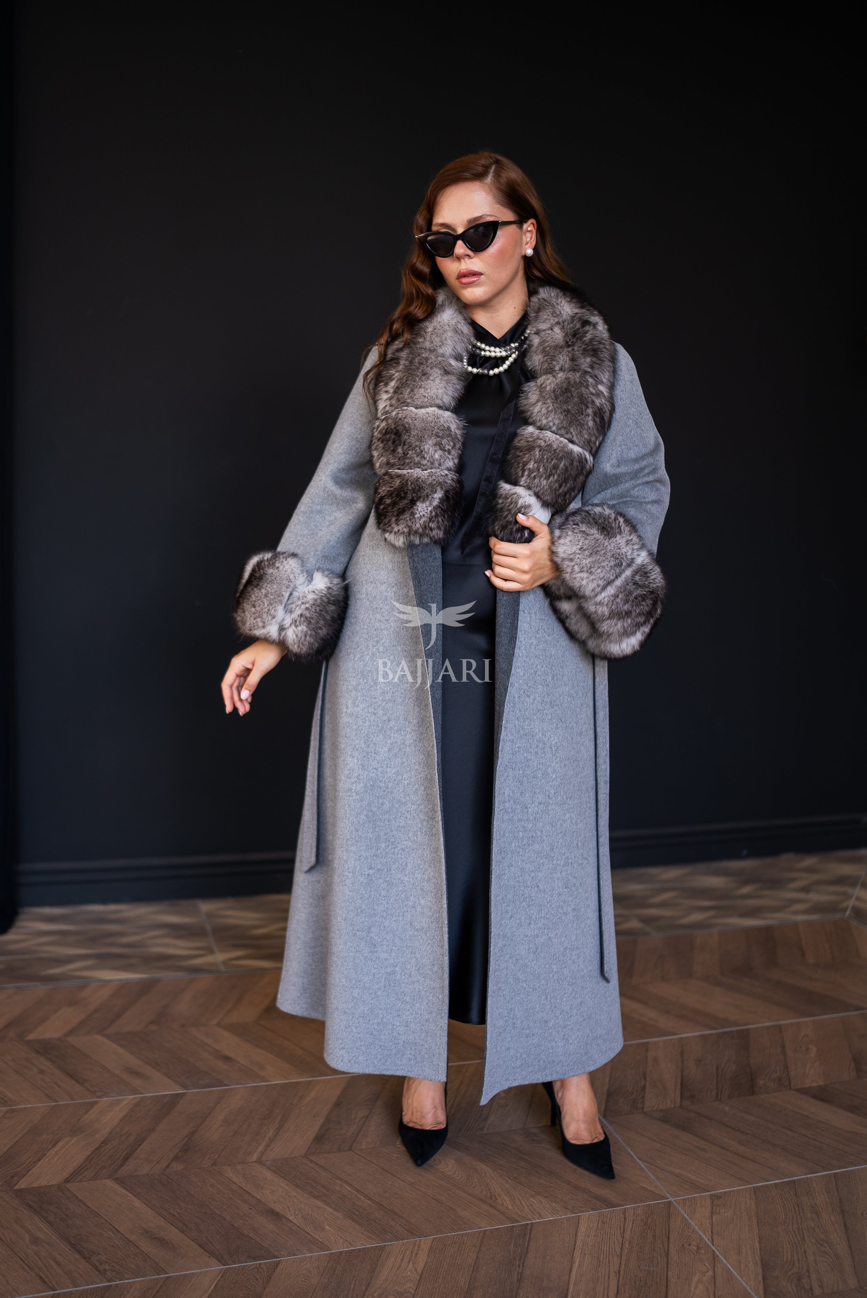 Alpaca Wool Fabric | Fox Fur Collar and Sleeves &amp; Cuff Detail | Slit Skirt Cut -9021-