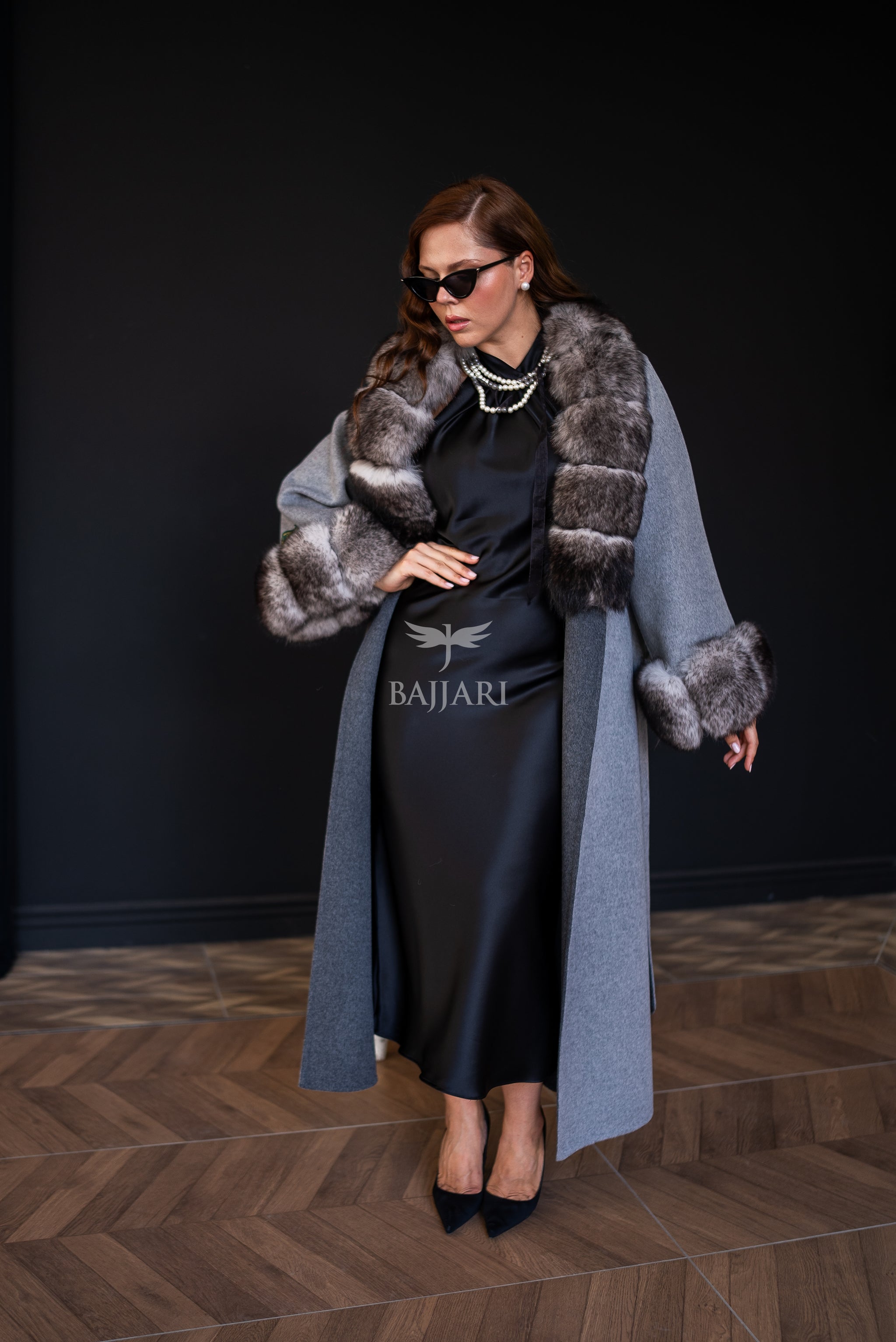 Alpaca Wool Fabric | Fox Fur Collar and Sleeves &amp; Cuff Detail | Slit Skirt Cut -9021-