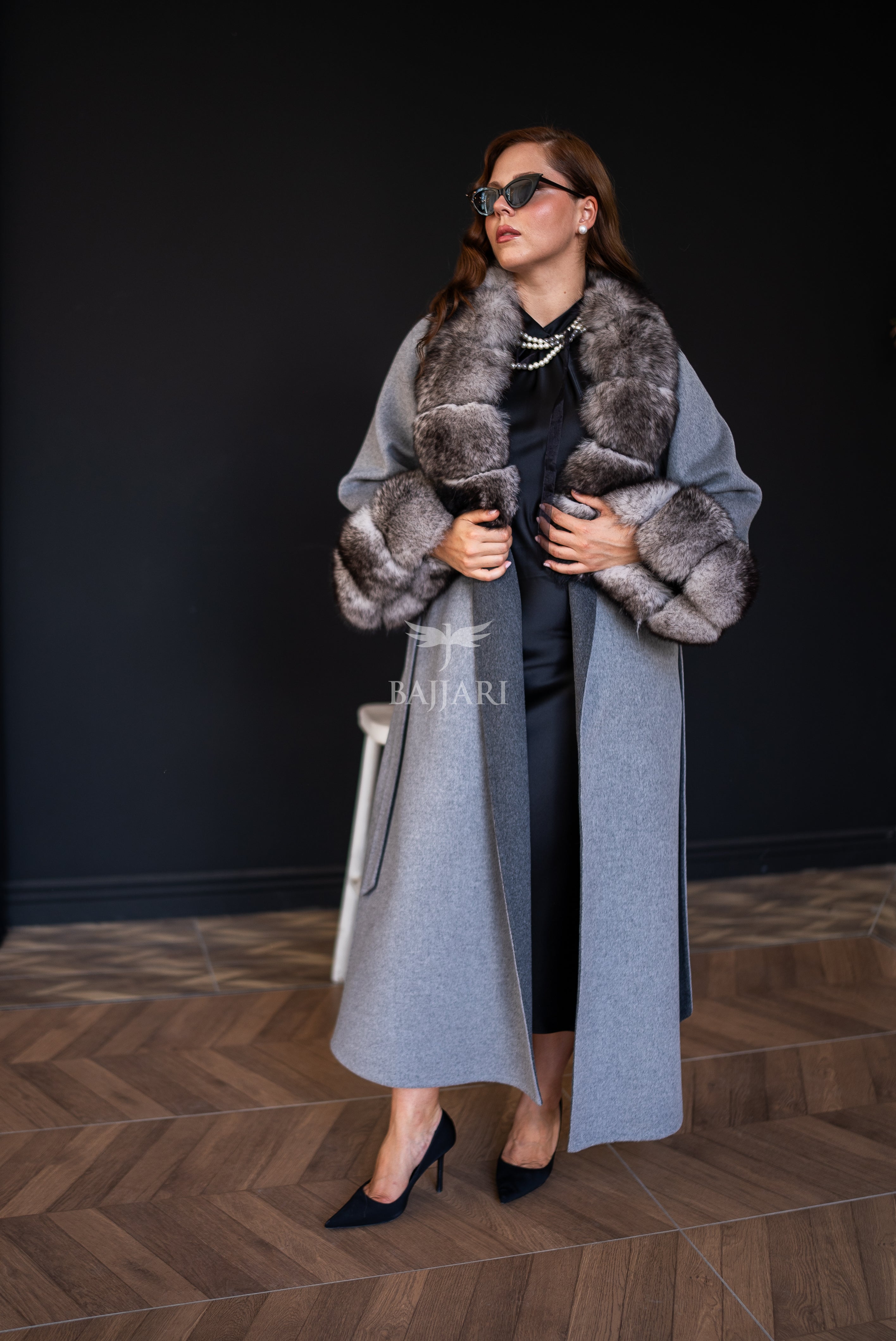 Alpaca Wool Fabric | Fox Fur Collar and Sleeves &amp; Cuff Detail | Slit Skirt Cut -9021-