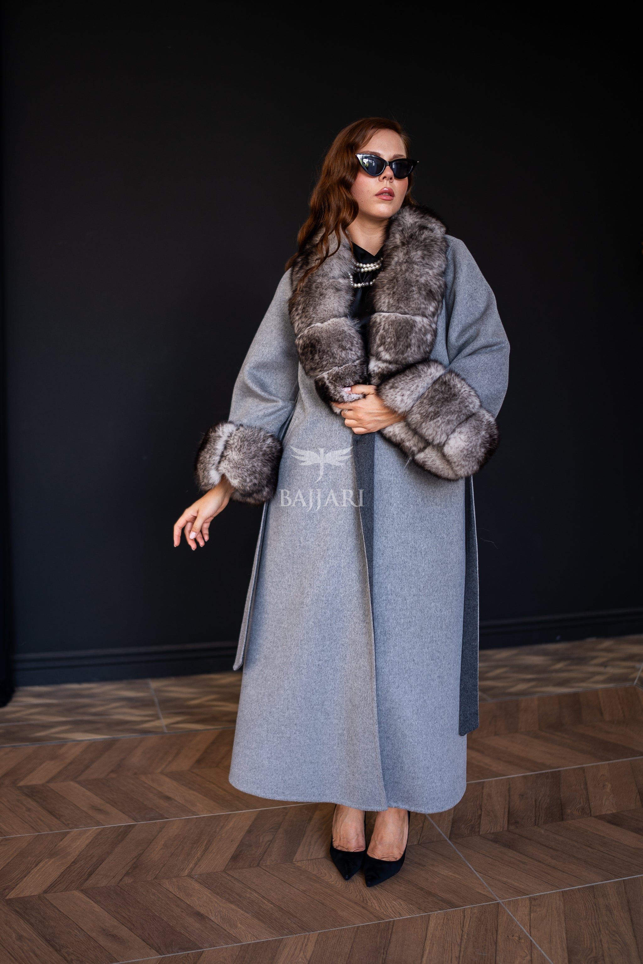 Alpaca Wool Fabric | Fox Fur Collar and Sleeves &amp; Cuff Detail | Slit Skirt Cut -9021-