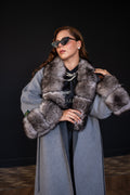 Alpaca Wool Fabric | Fox Fur Collar and Sleeves &amp; Cuff Detail | Slit Skirt Cut -9021-
