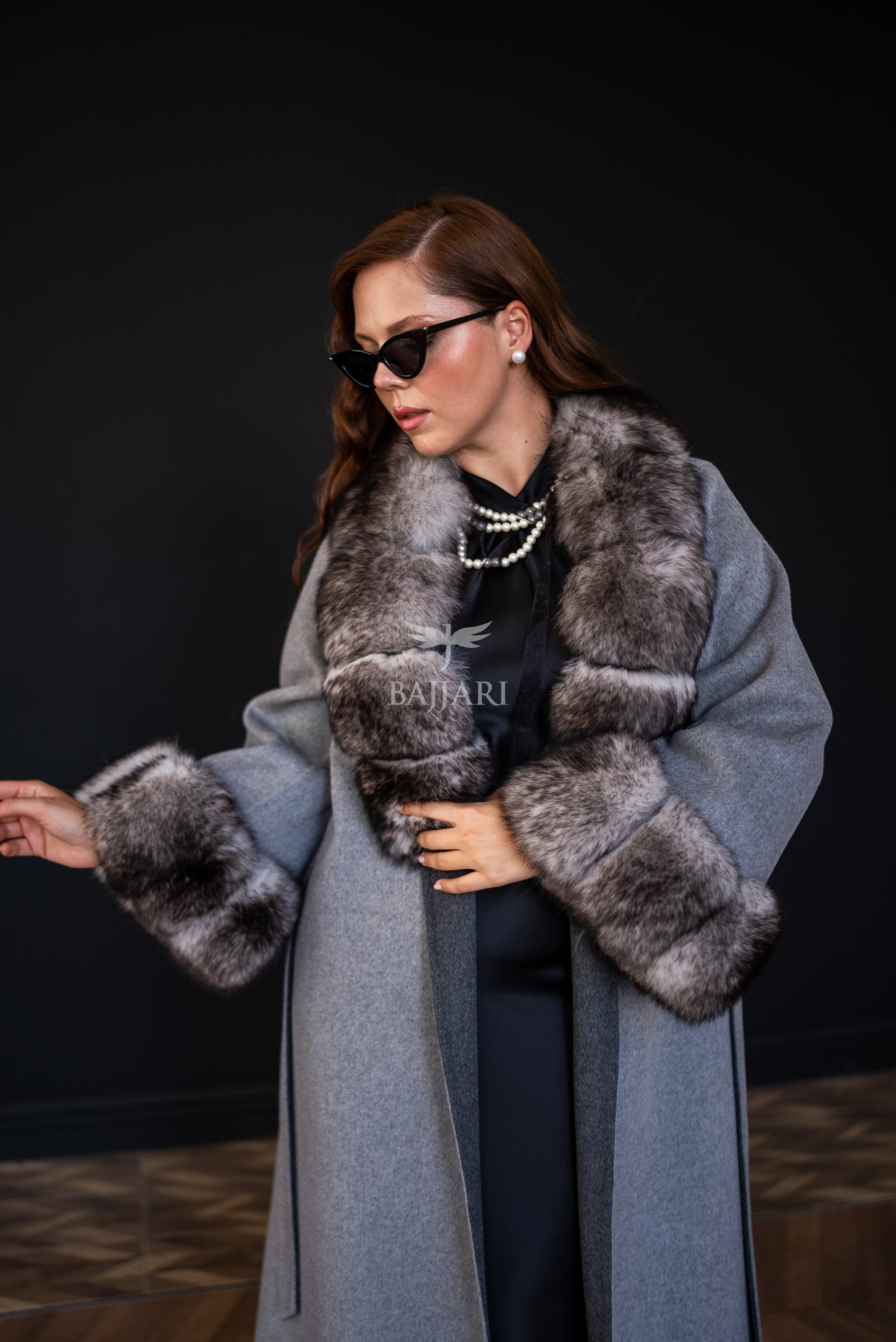 Alpaca Wool Fabric | Fox Fur Collar and Sleeves &amp; Cuff Detail | Slit Skirt Cut -9021-