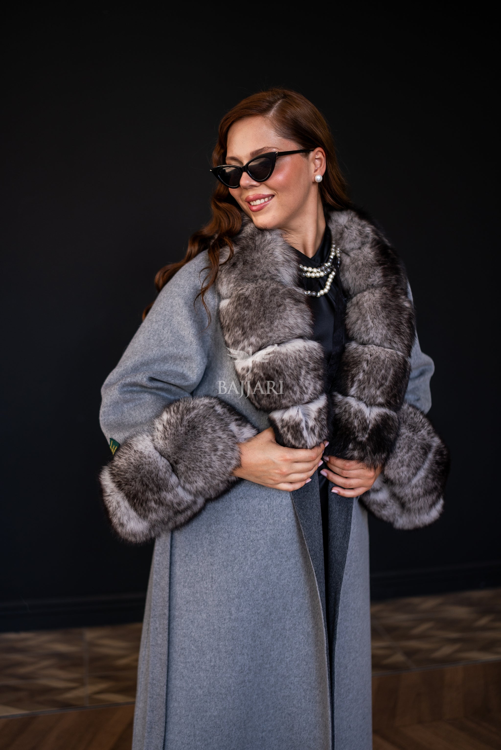 Alpaca Wool Fabric | Fox Fur Collar and Sleeves &amp; Cuff Detail | Slit Skirt Cut -9021-