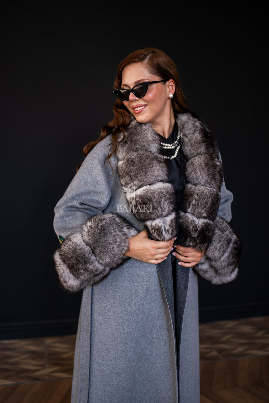 Alpaca Wool Fabric | Fox Fur Collar and Sleeves &amp; Cuff Detail | Slit Skirt Cut -9021-