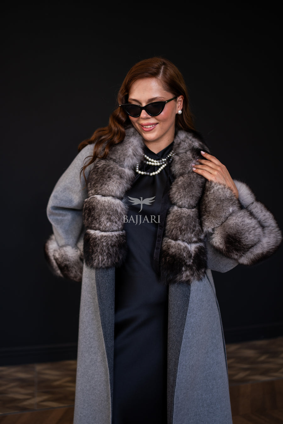 Alpaca Wool Fabric | Fox Fur Collar and Sleeves &amp; Cuff Detail | Slit Skirt Cut -9021-