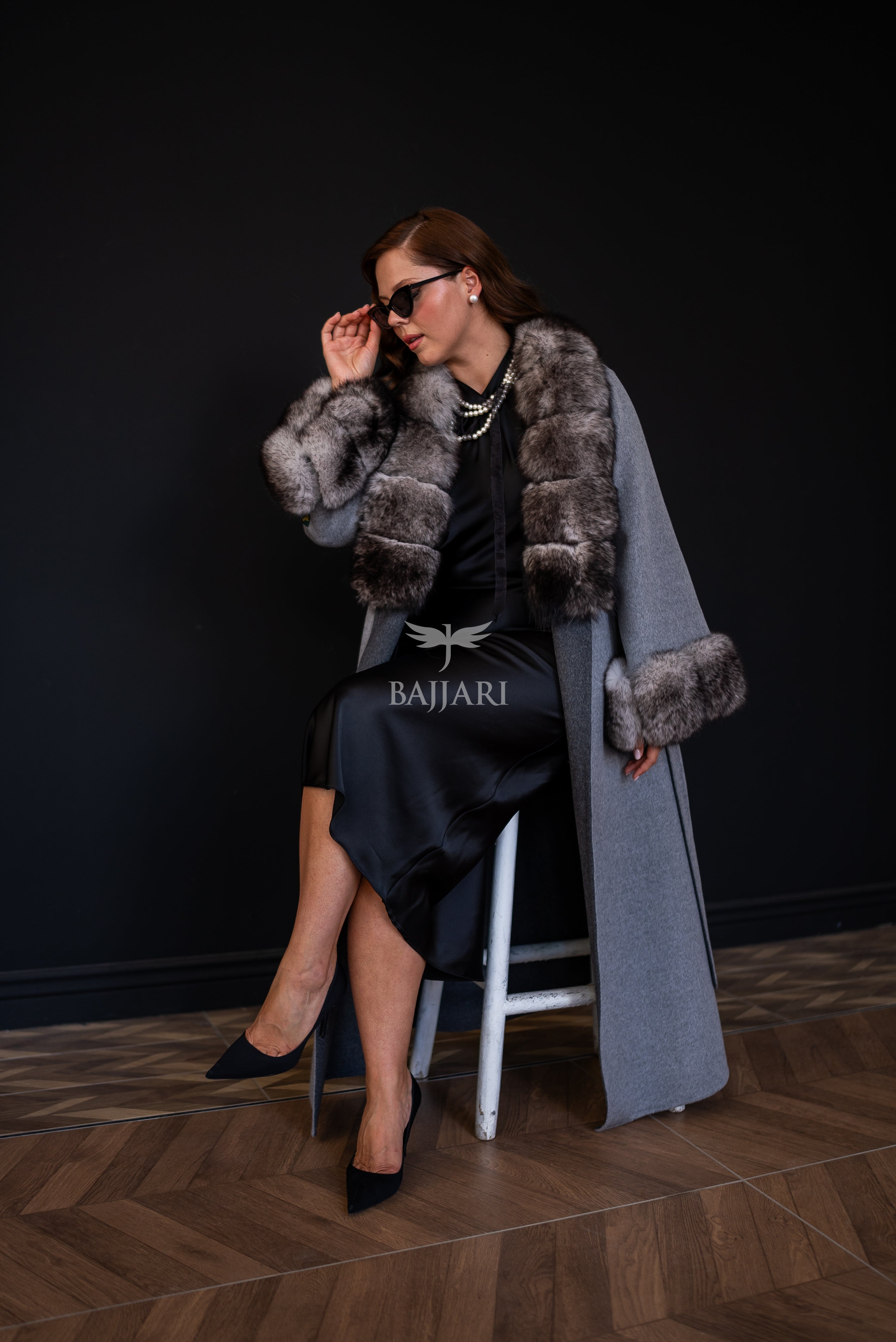 Alpaca Wool Fabric | Fox Fur Collar and Sleeves &amp; Cuff Detail | Slit Skirt Cut -9021-