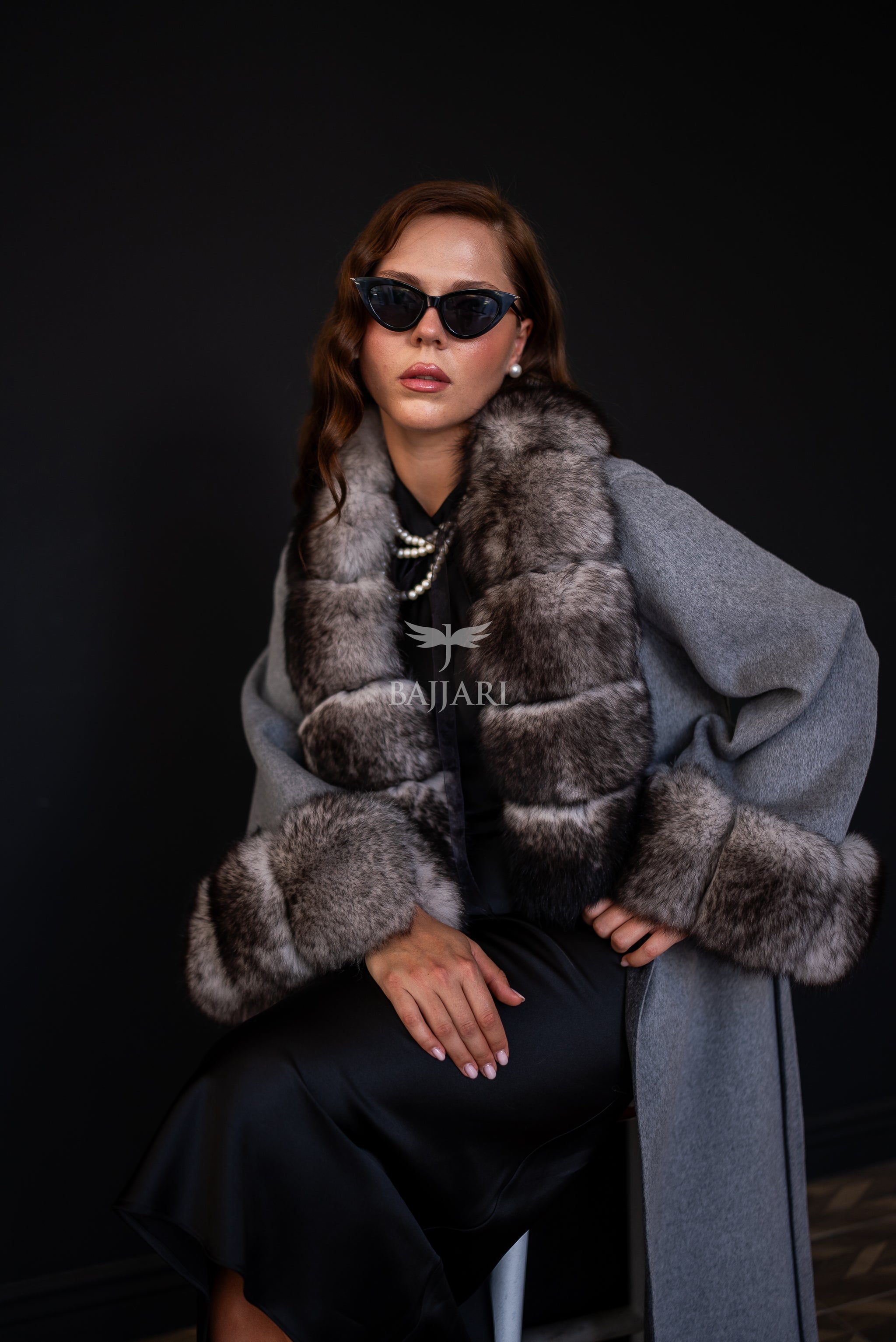Alpaca Wool Fabric | Fox Fur Collar and Sleeves &amp; Cuff Detail | Slit Skirt Cut -9021-