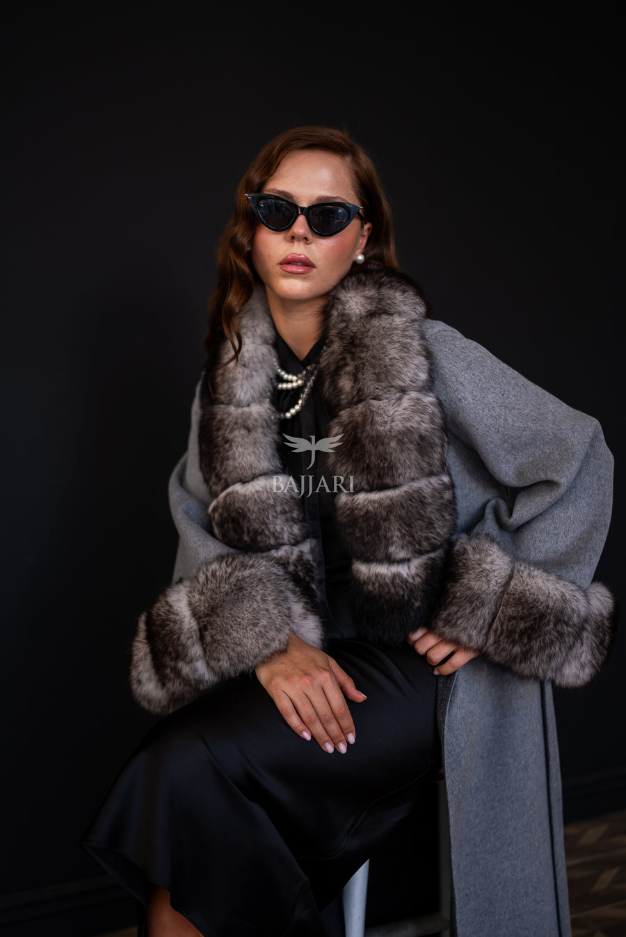 Alpaca Wool Fabric | Fox Fur Collar and Sleeves &amp; Cuff Detail | Slit Skirt Cut -9021-
