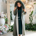 Women's Alpaca Wool Fabric Coat with Soft Fox Fur Trim on the Collar & Special Embroidery on Back Detail -9022-