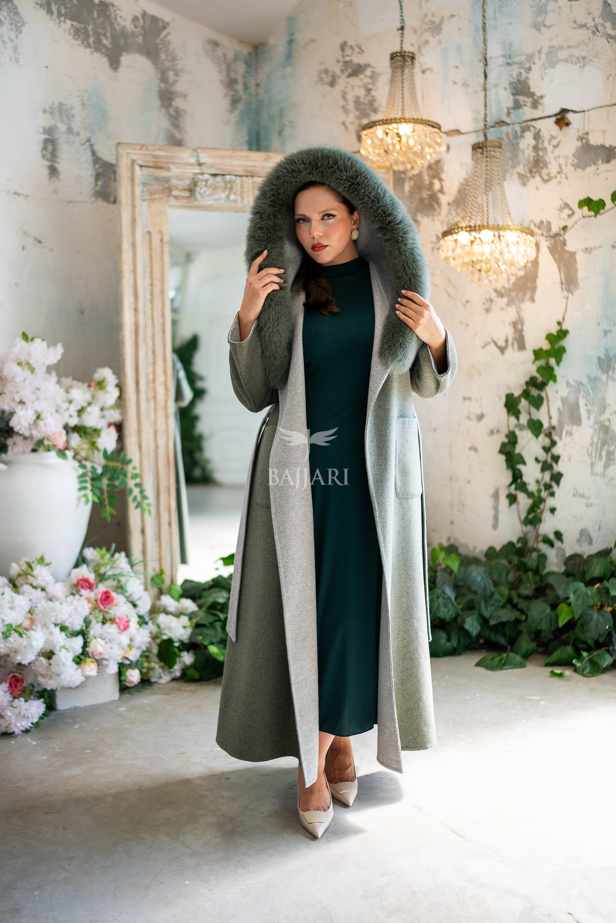 Women's Alpaca Wool Fabric Coat with Soft Fox Fur Trim on the Collar & Special Embroidery on Back Detail -9022-