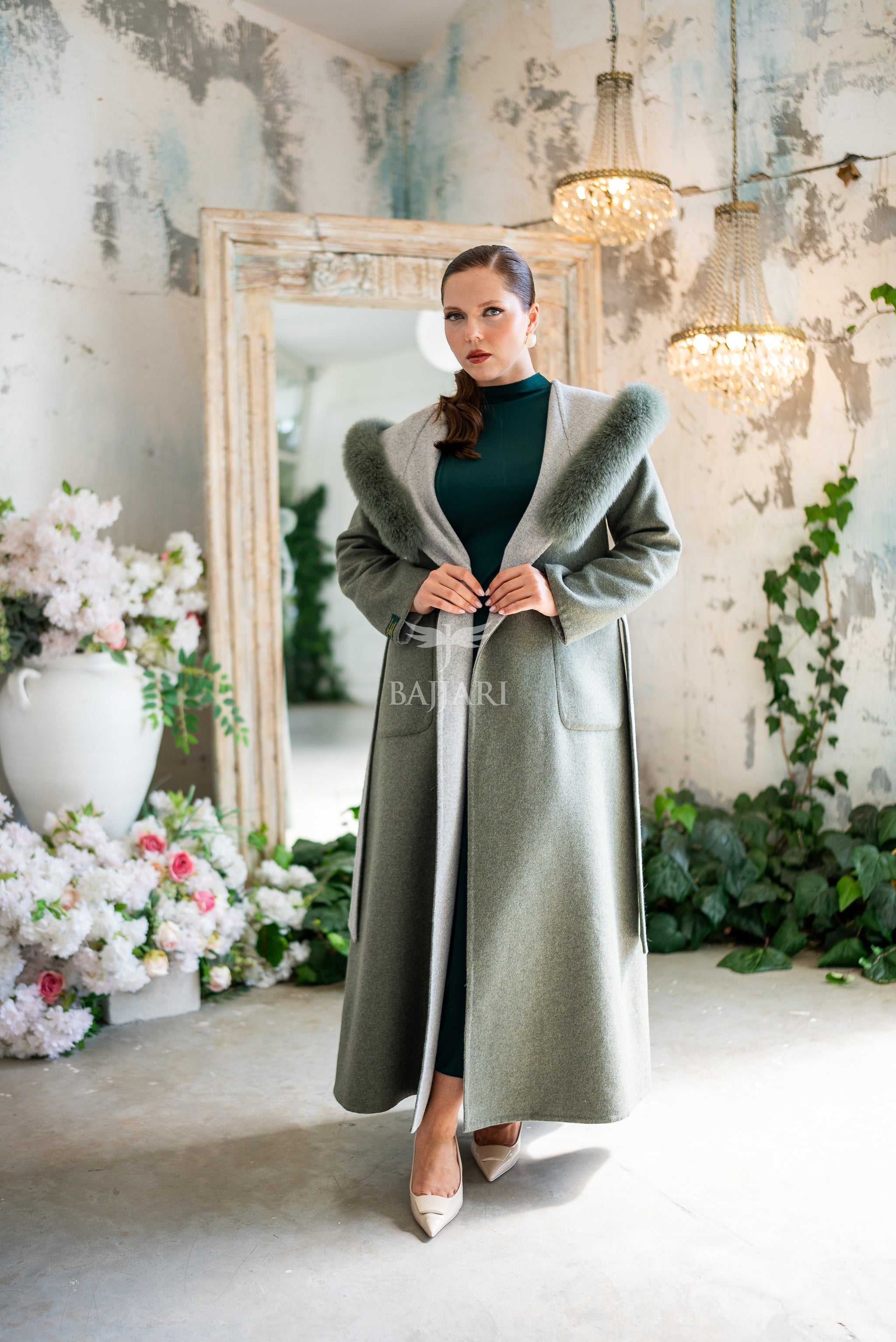 Women's Alpaca Wool Fabric Coat with Soft Fox Fur Trim on the Collar & Special Embroidery on Back Detail -9022-
