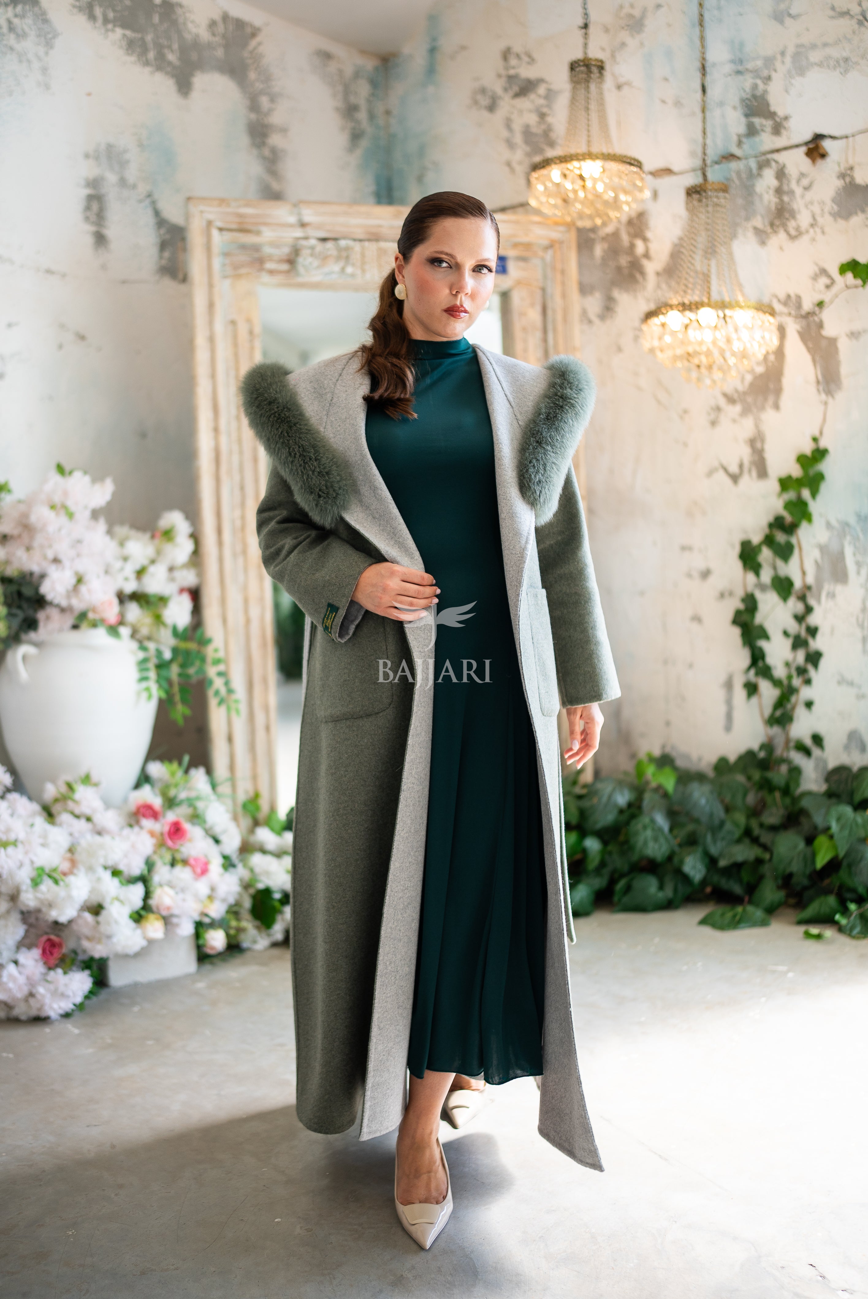 Women's Alpaca Wool Fabric Coat with Soft Fox Fur Trim on the Collar & Special Embroidery on Back Detail -9022-