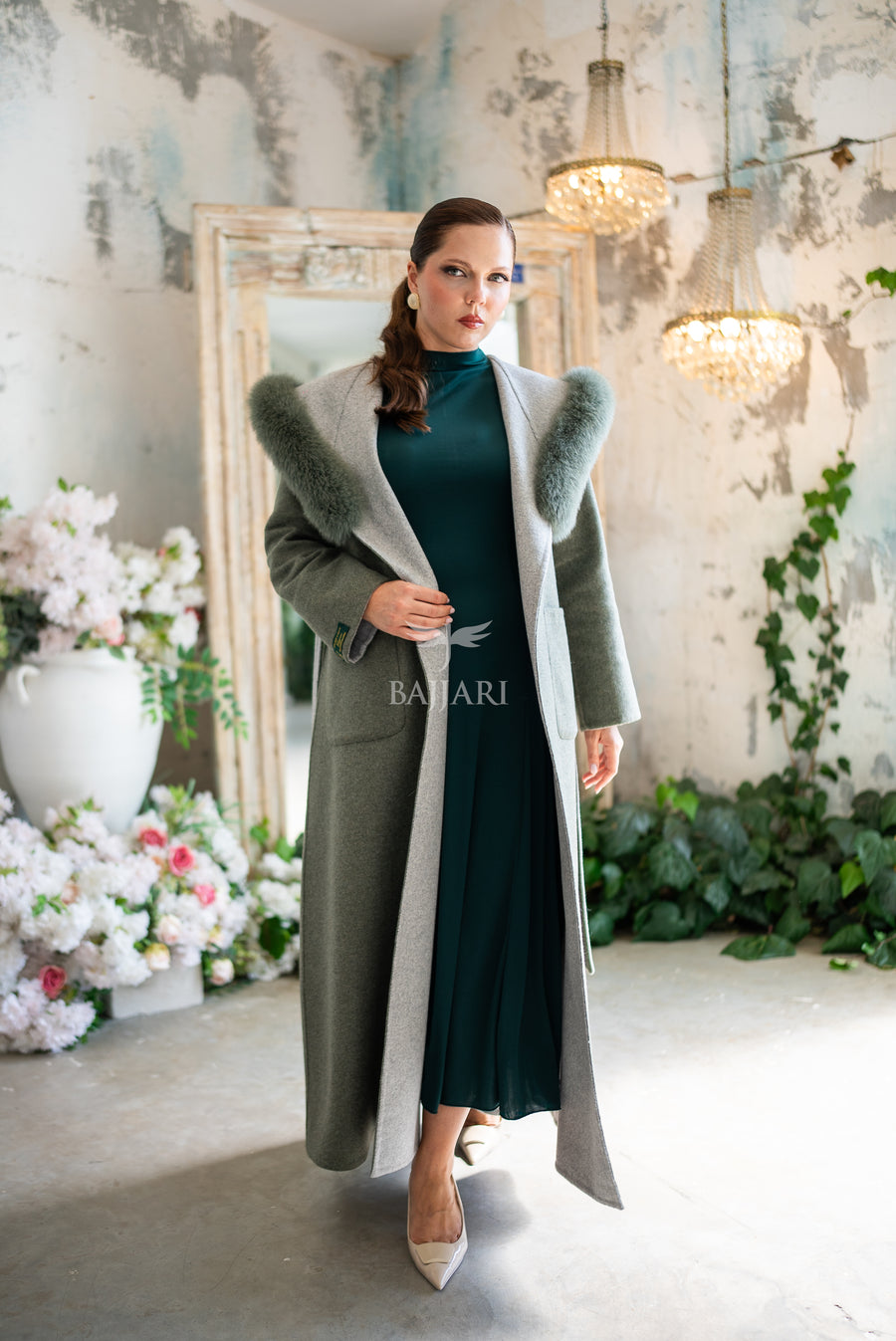 Women's Alpaca Wool Fabric Coat with Soft Fox Fur Trim on the Collar & Special Embroidery on Back Detail -9022-