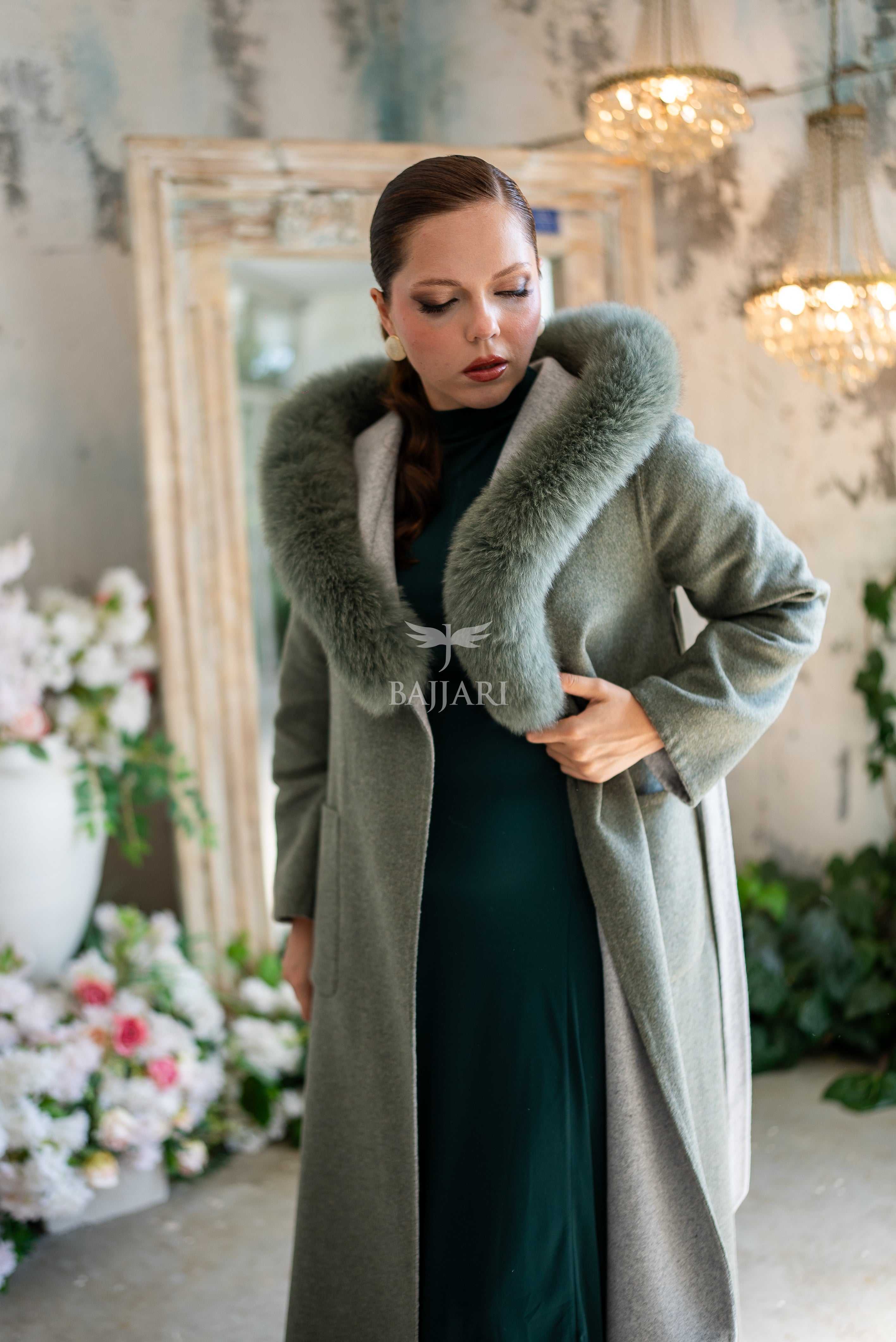 Women's Alpaca Wool Fabric Coat with Soft Fox Fur Trim on the Collar & Special Embroidery on Back Detail -9022-