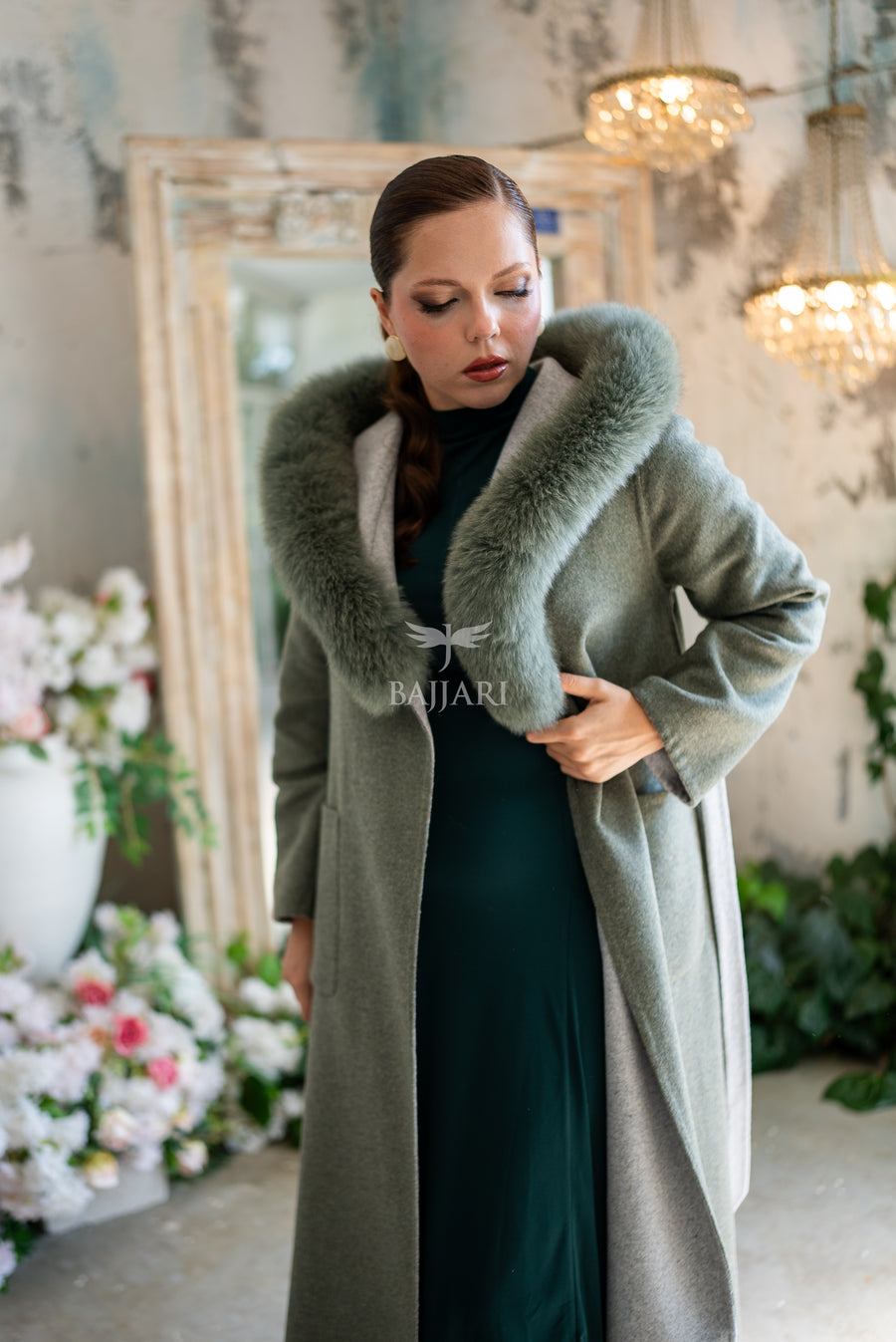 Women's Alpaca Wool Fabric Coat with Soft Fox Fur Trim on the Collar & Special Embroidery on Back Detail -9022-