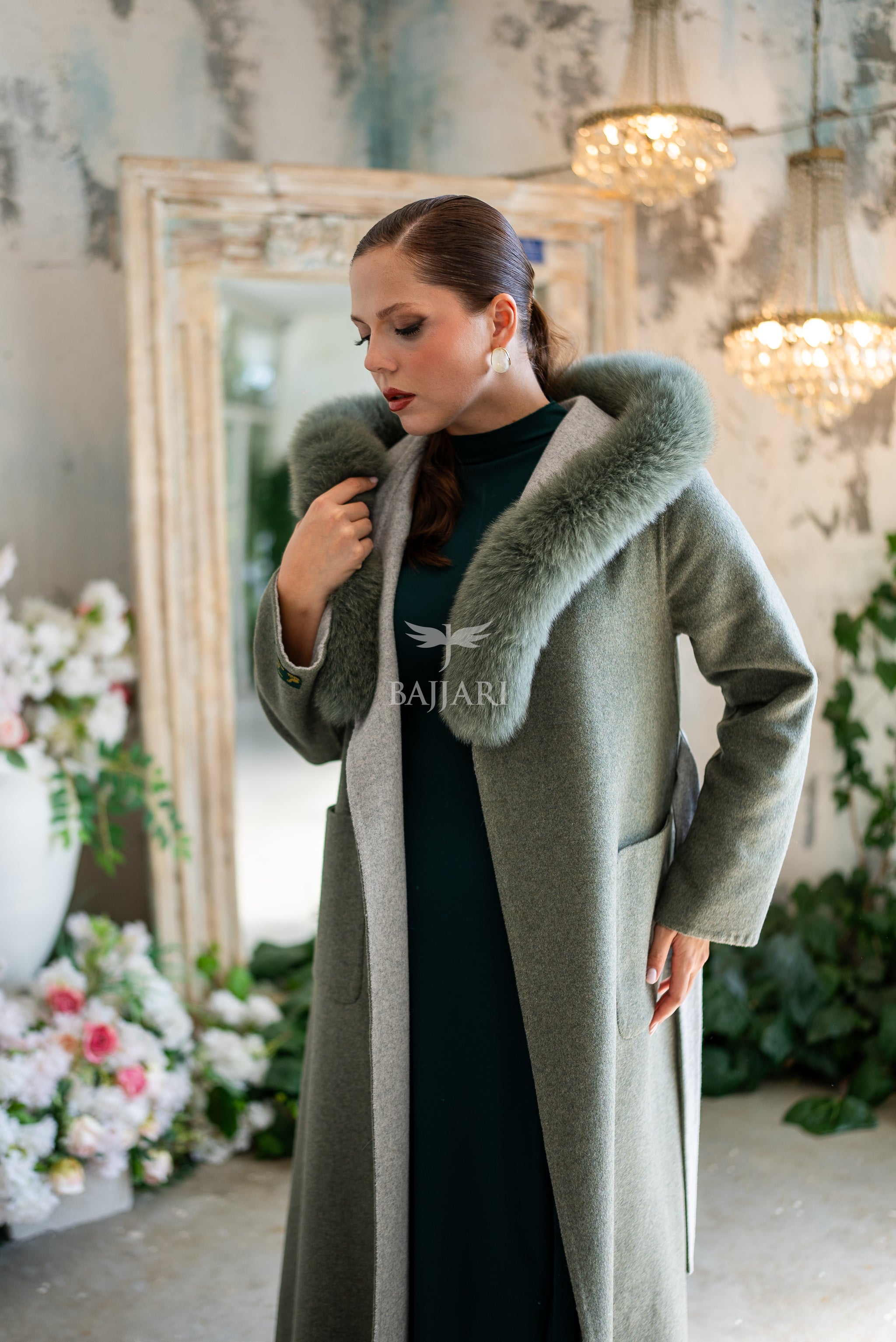 Women's Alpaca Wool Fabric Coat with Soft Fox Fur Trim on the Collar & Special Embroidery on Back Detail -9022-