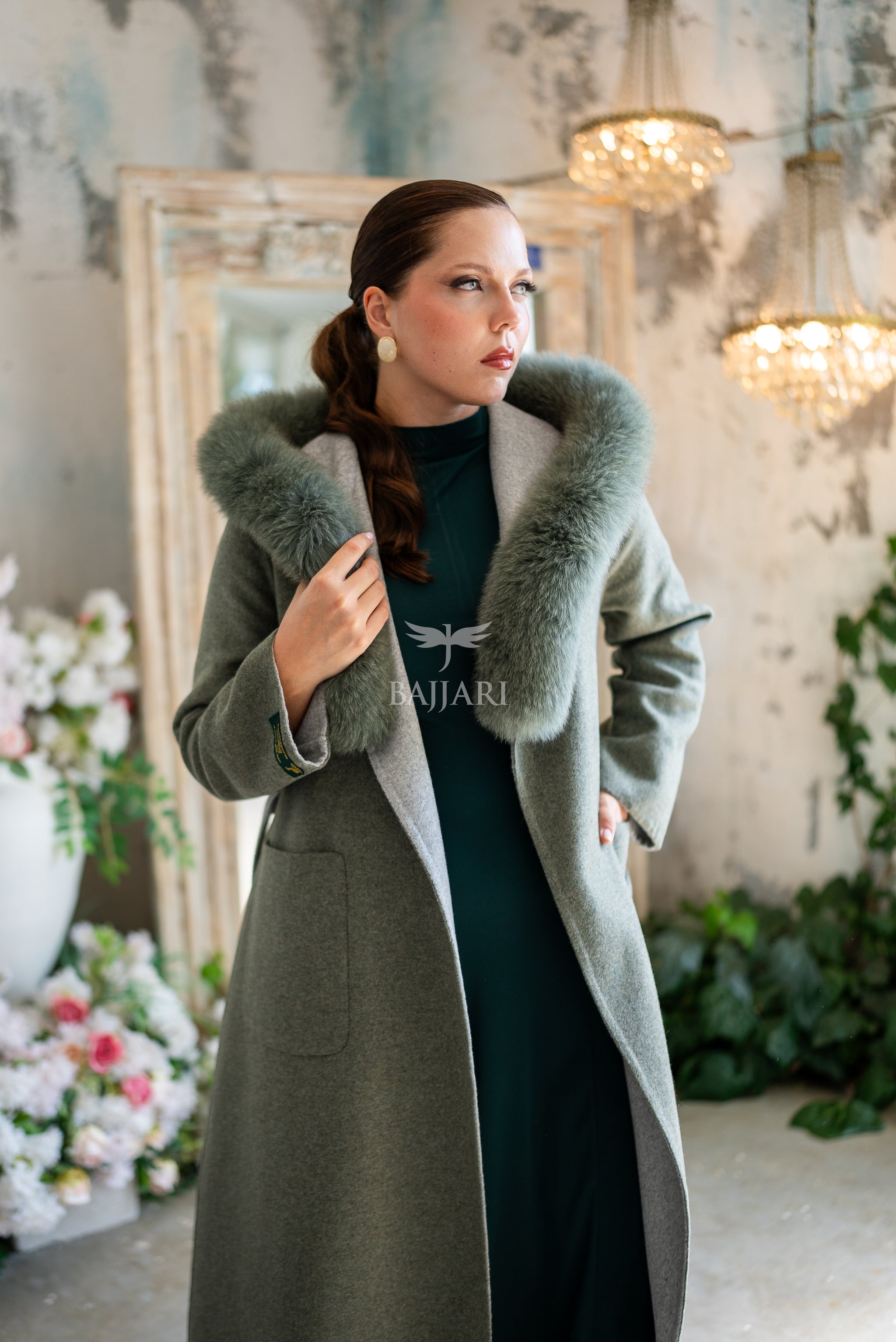 Women's Alpaca Wool Fabric Coat with Soft Fox Fur Trim on the Collar & Special Embroidery on Back Detail -9022-