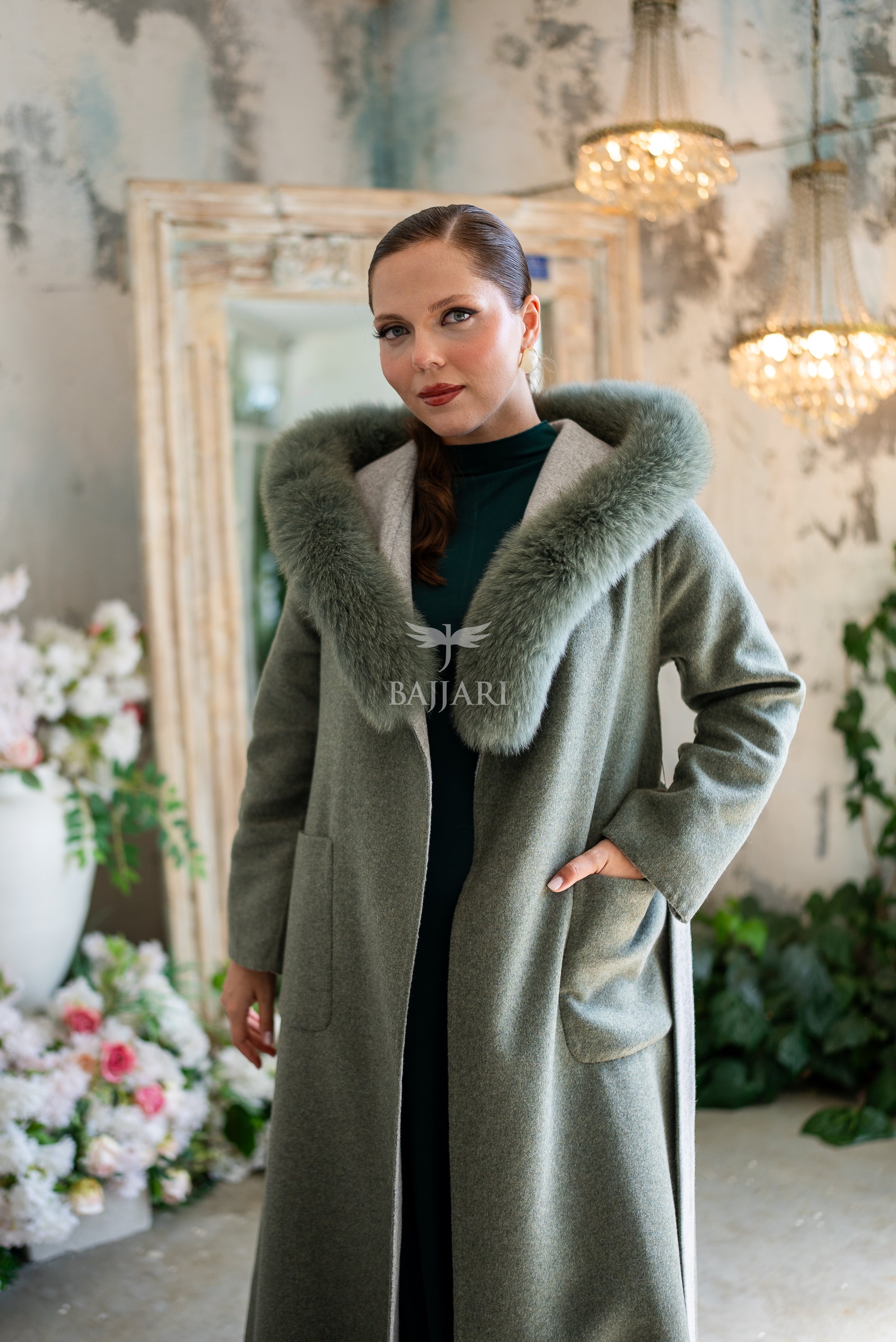 Women's Alpaca Wool Fabric Coat with Soft Fox Fur Trim on the Collar & Special Embroidery on Back Detail -9022-