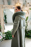 Women's Alpaca Wool Fabric Coat with Soft Fox Fur Trim on the Collar & Special Embroidery on Back Detail -9022-