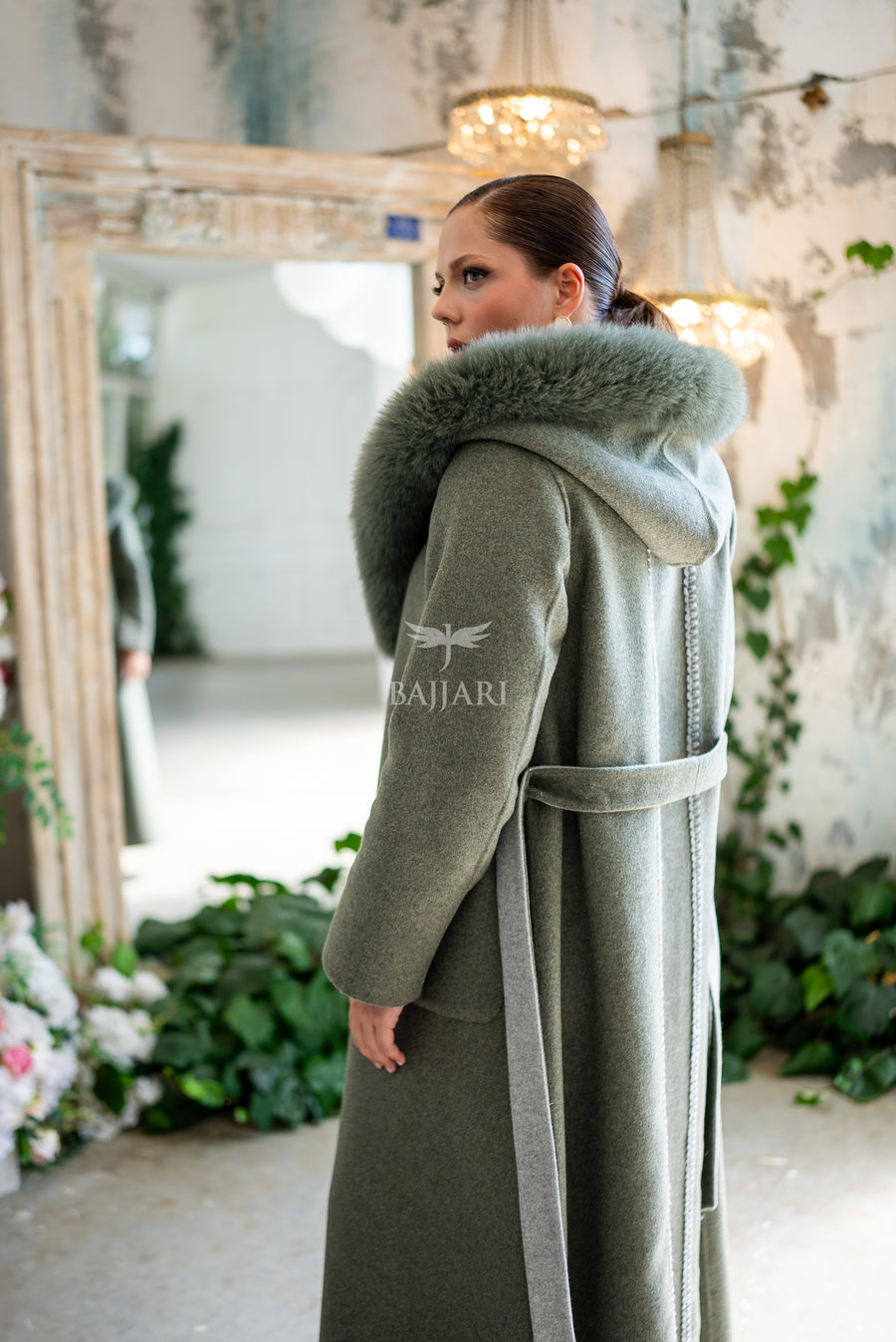 Women's Alpaca Wool Fabric Coat with Soft Fox Fur Trim on the Collar & Special Embroidery on Back Detail -9022-