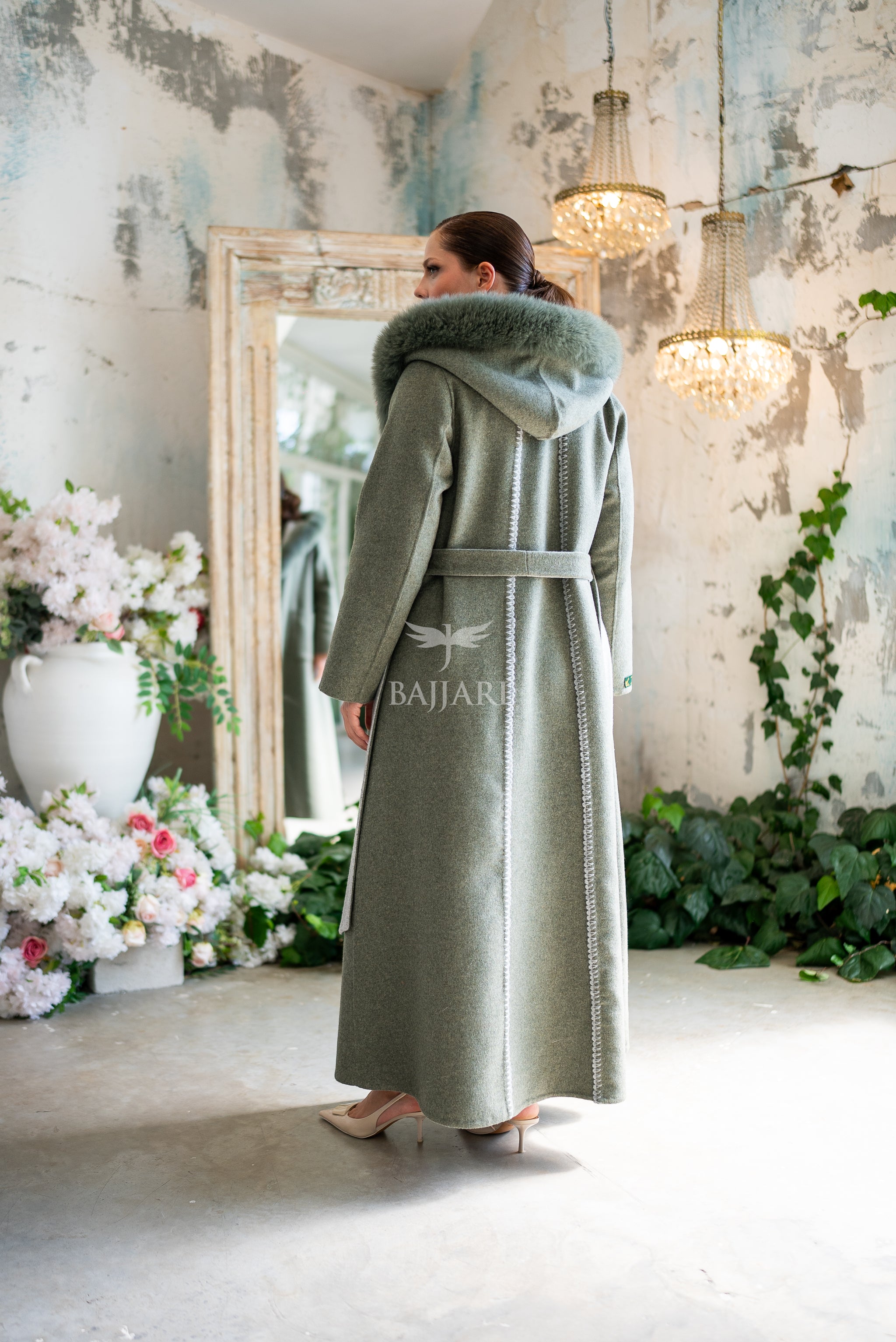Women's Alpaca Wool Fabric Coat with Soft Fox Fur Trim on the Collar & Special Embroidery on Back Detail -9022-
