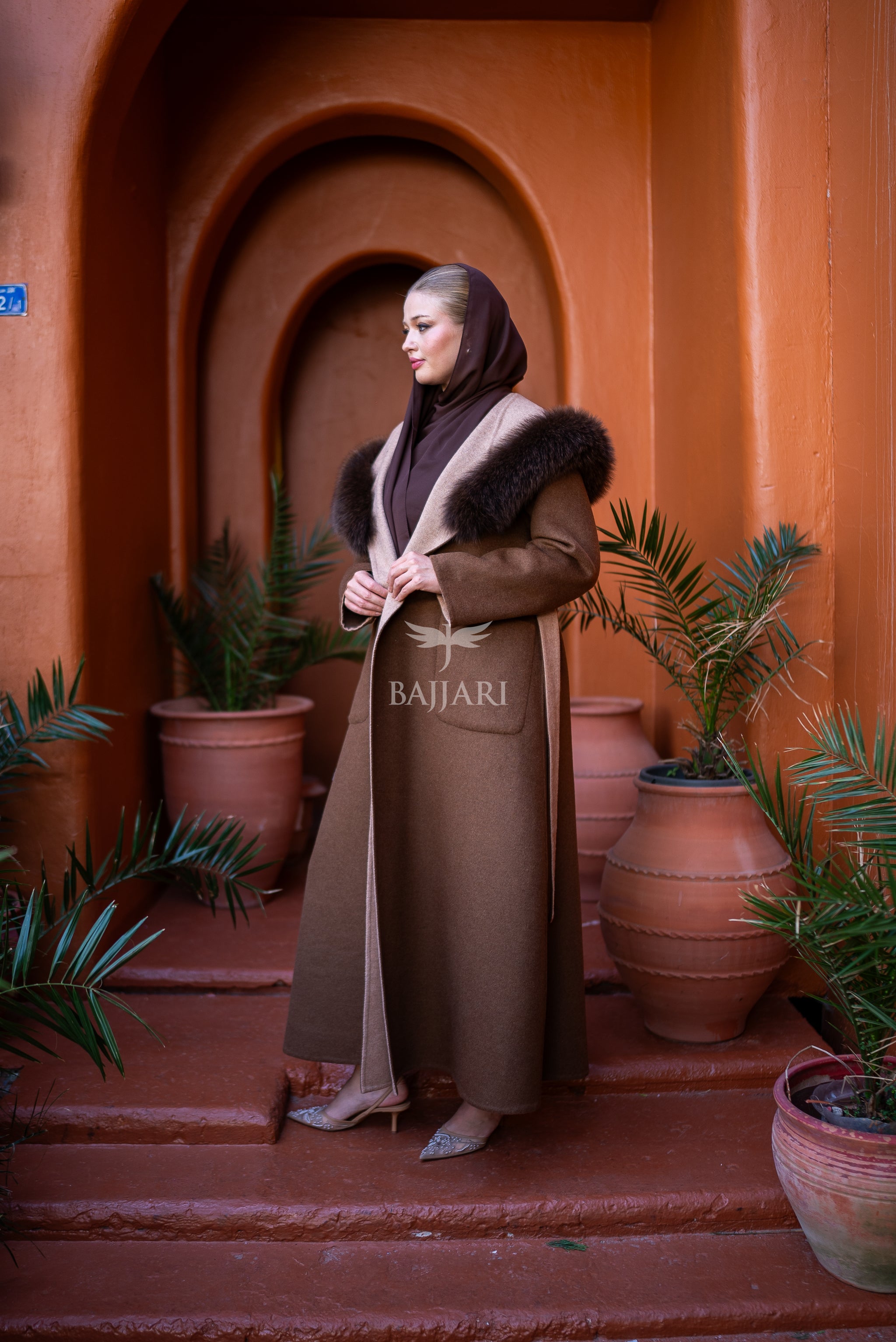Women's Alpaca Wool Fabric Coat with Soft Fox Fur Trim on the Collar & Special Embroidery on Back Detail -9022-