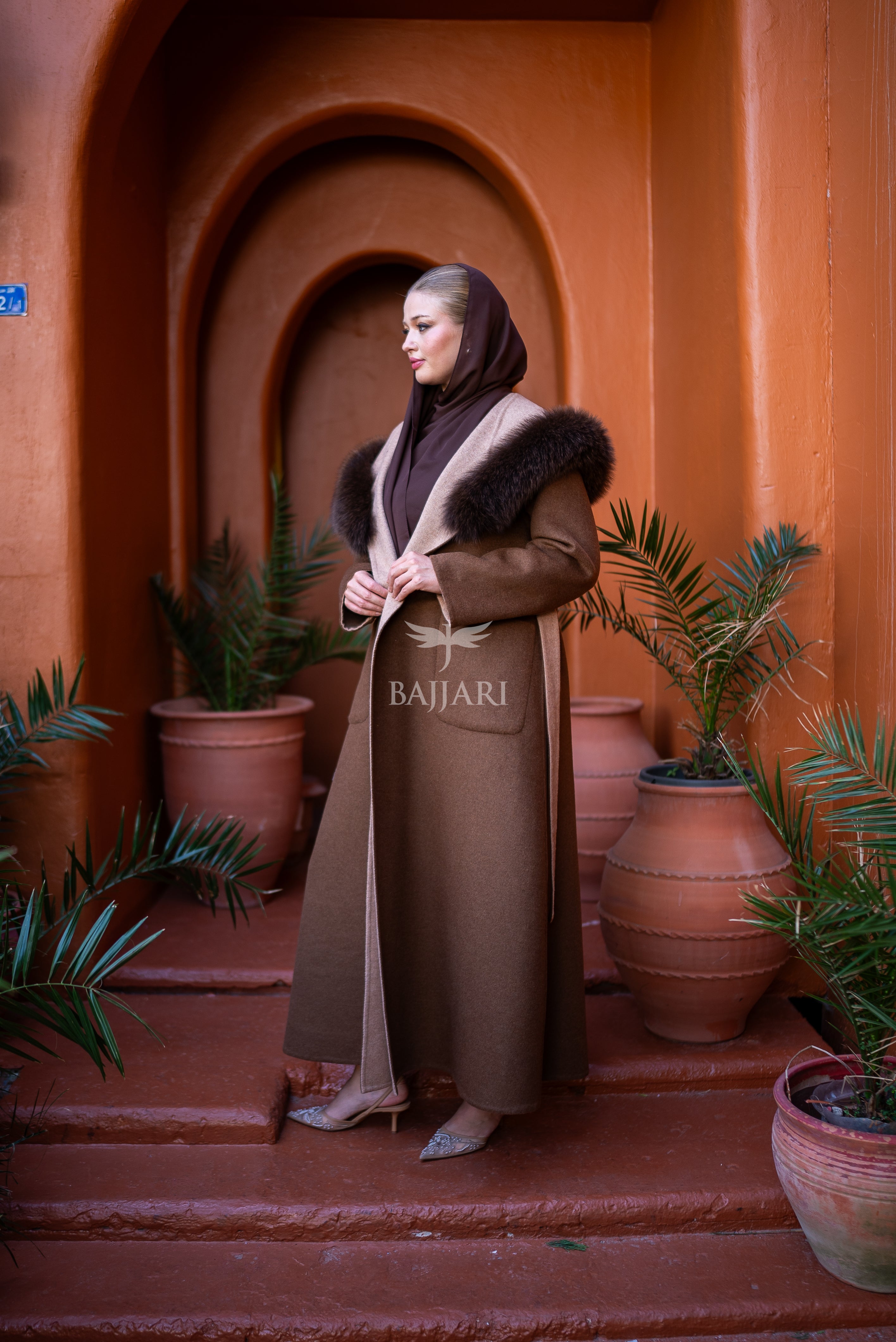 Women's Alpaca Wool Fabric Coat with Soft Fox Fur Trim on the Collar & Special Embroidery on Back Detail -9022-