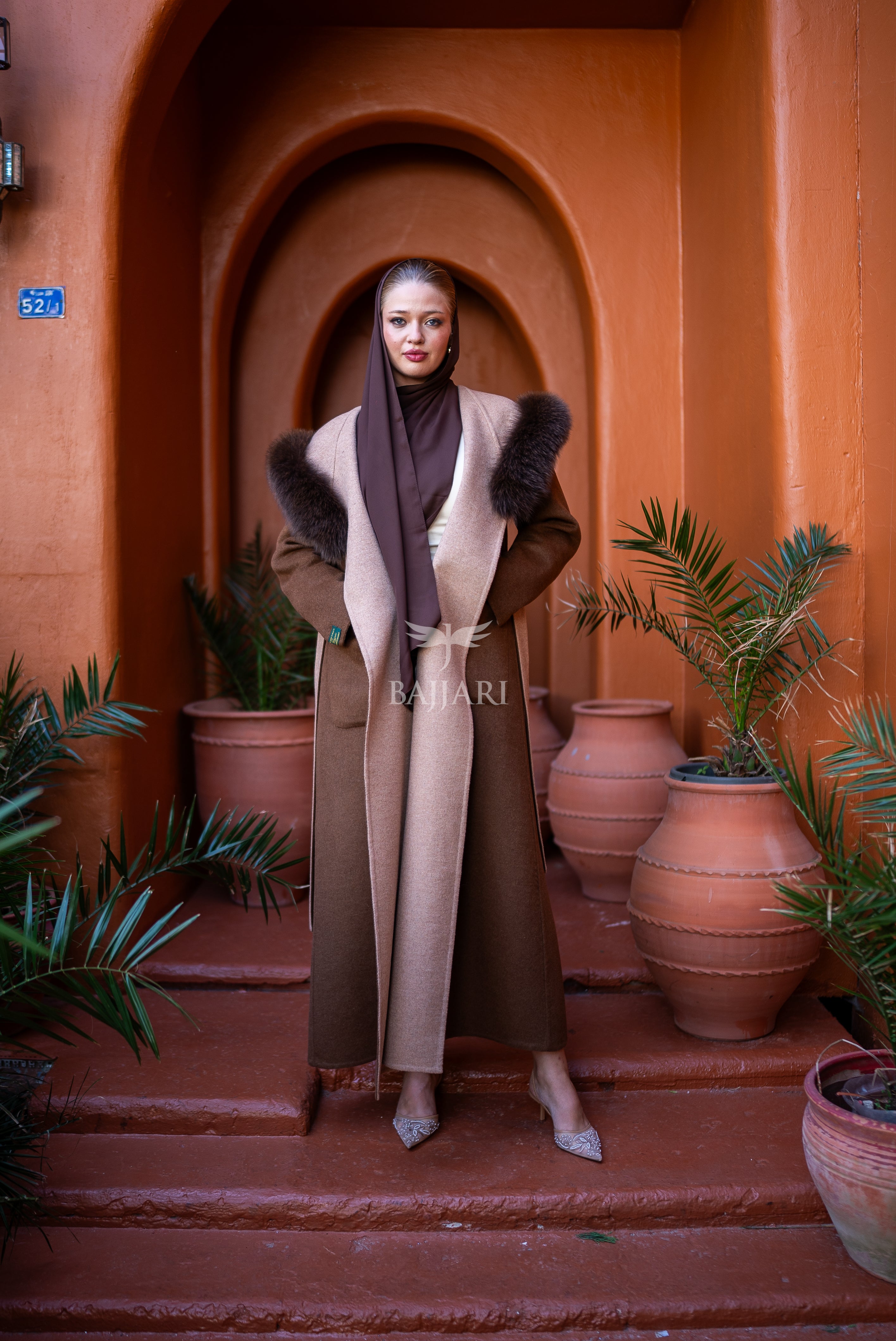 Women's Alpaca Wool Fabric Coat with Soft Fox Fur Trim on the Collar & Special Embroidery on Back Detail -9022-