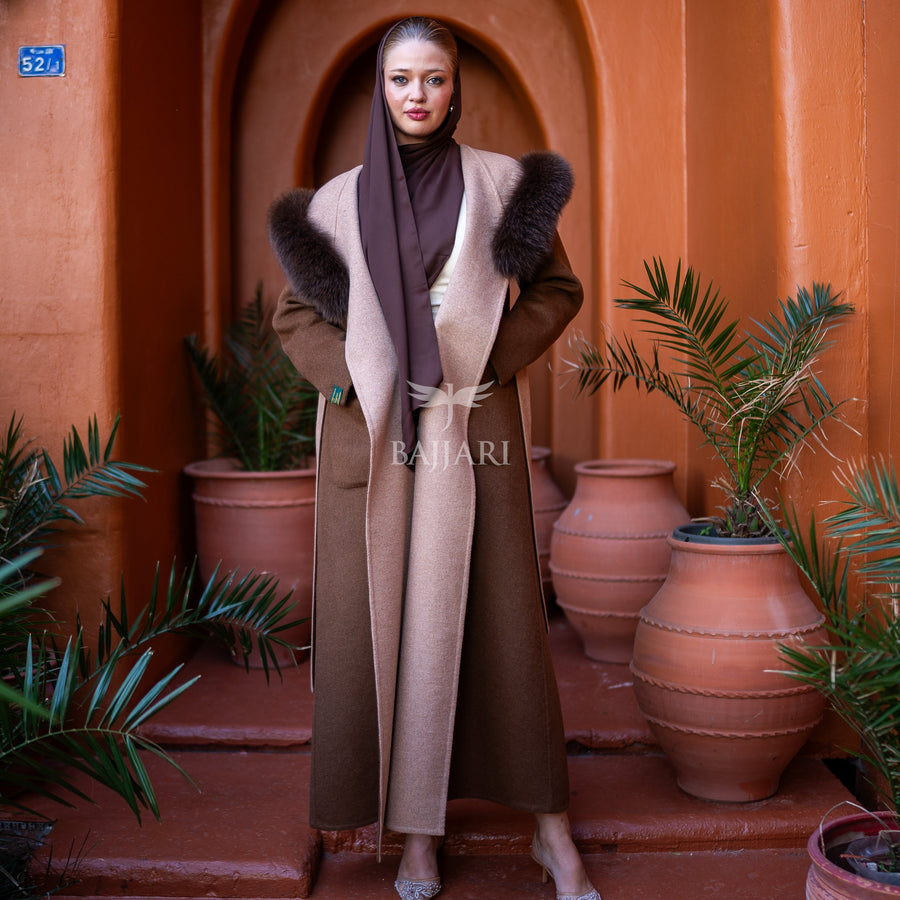 Women's Alpaca Wool Fabric Coat with Soft Fox Fur Trim on the Collar & Special Embroidery on Back Detail -9022-