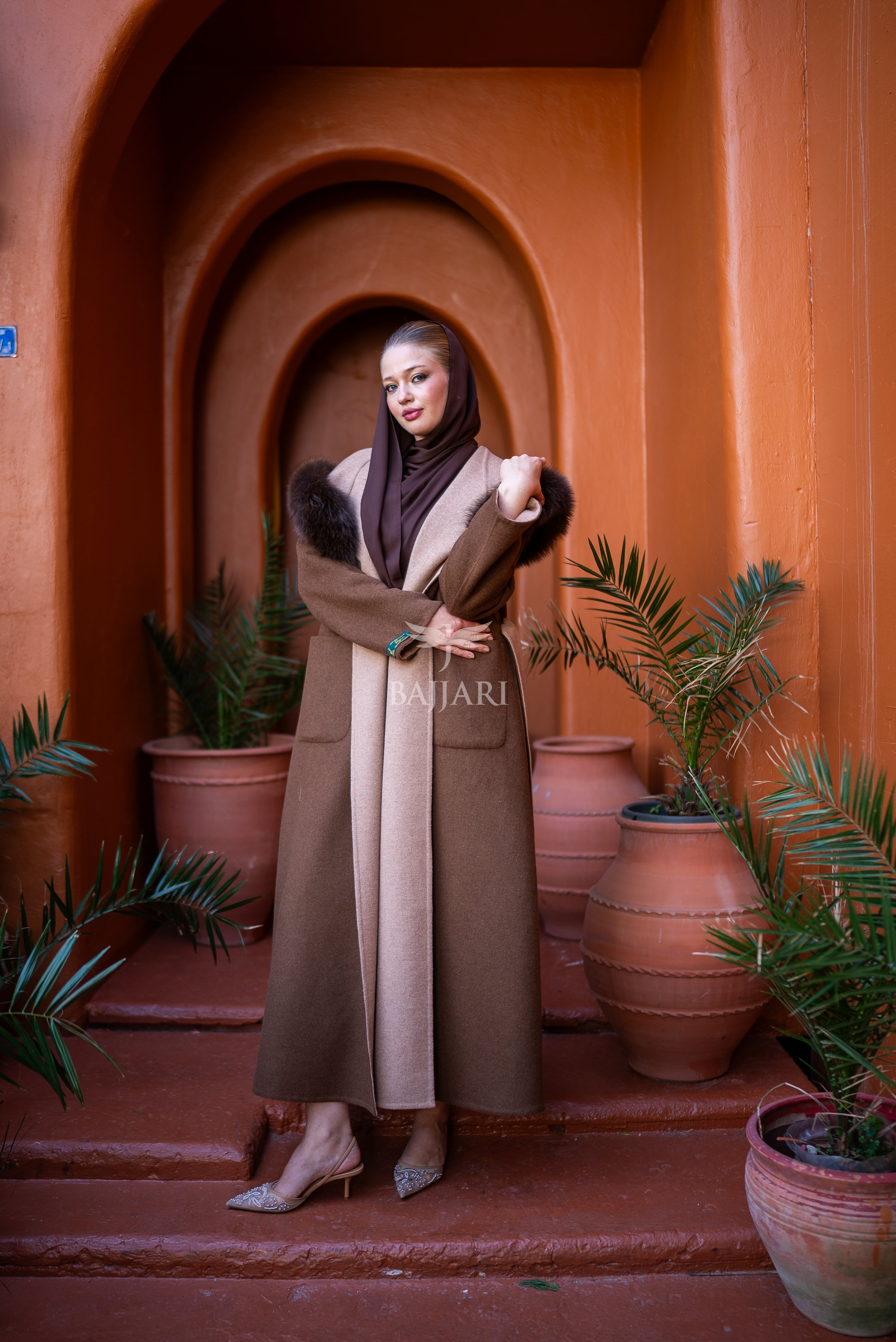 Women's Alpaca Wool Fabric Coat with Soft Fox Fur Trim on the Collar & Special Embroidery on Back Detail -9022-