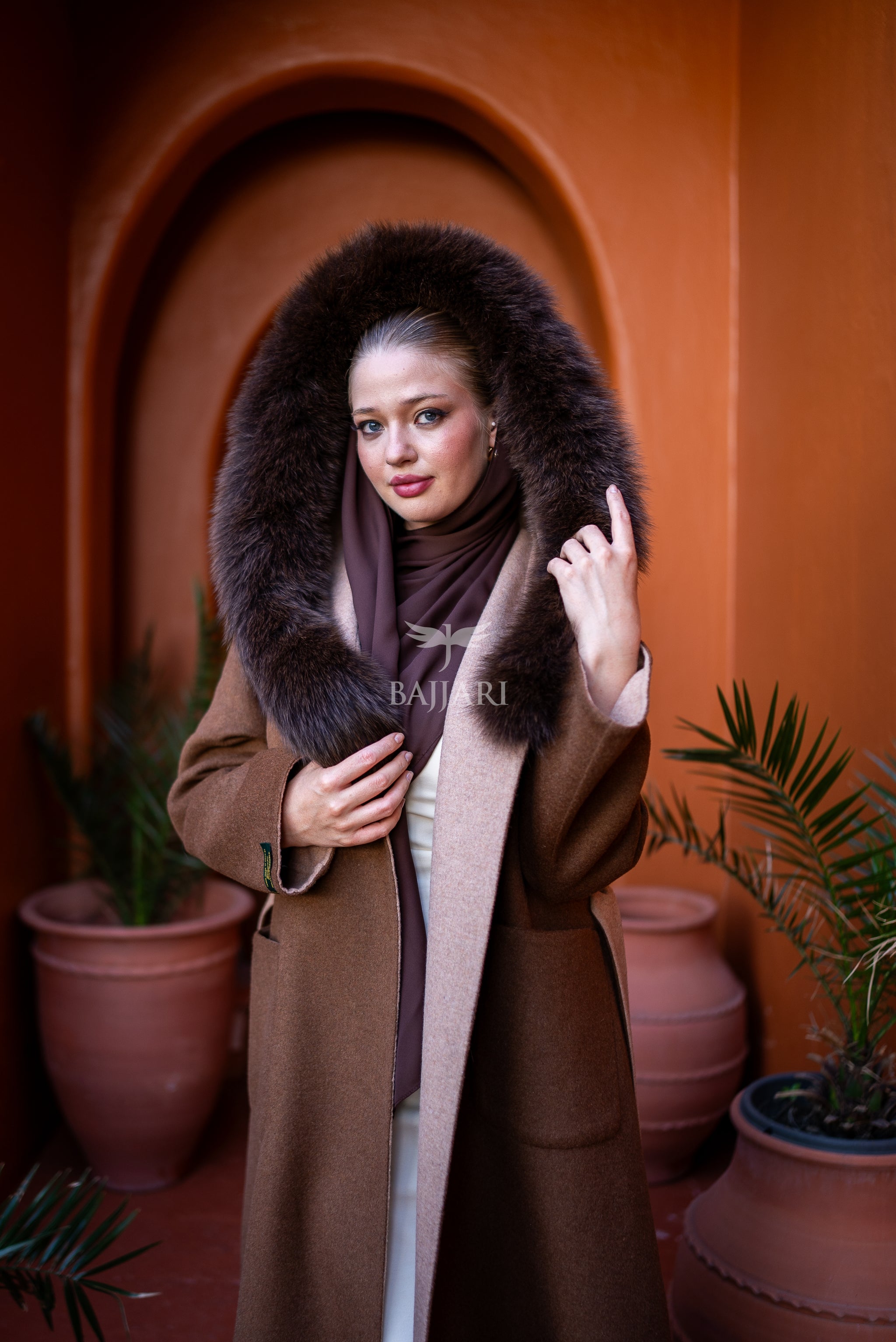 Women's Alpaca Wool Fabric Coat with Soft Fox Fur Trim on the Collar & Special Embroidery on Back Detail -9022-